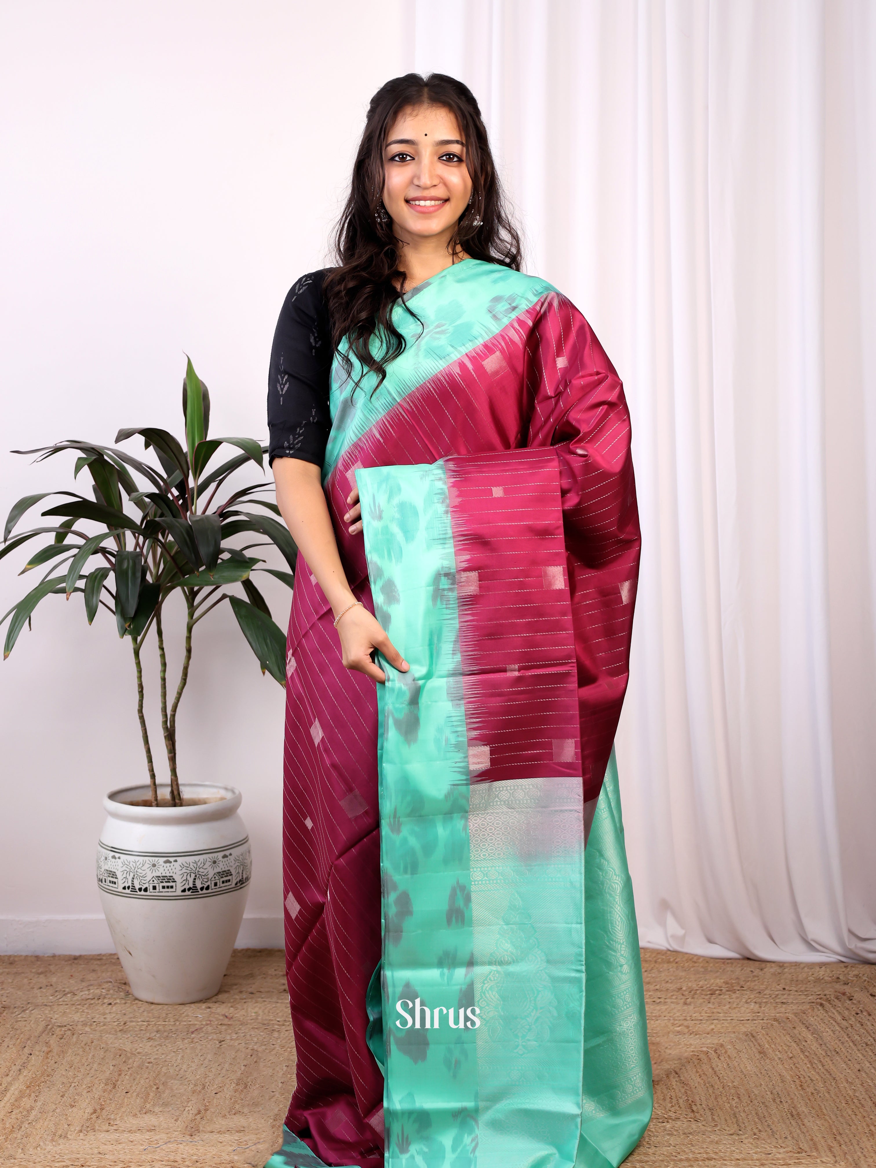 Maroon And Teal Green-Soft silk saree