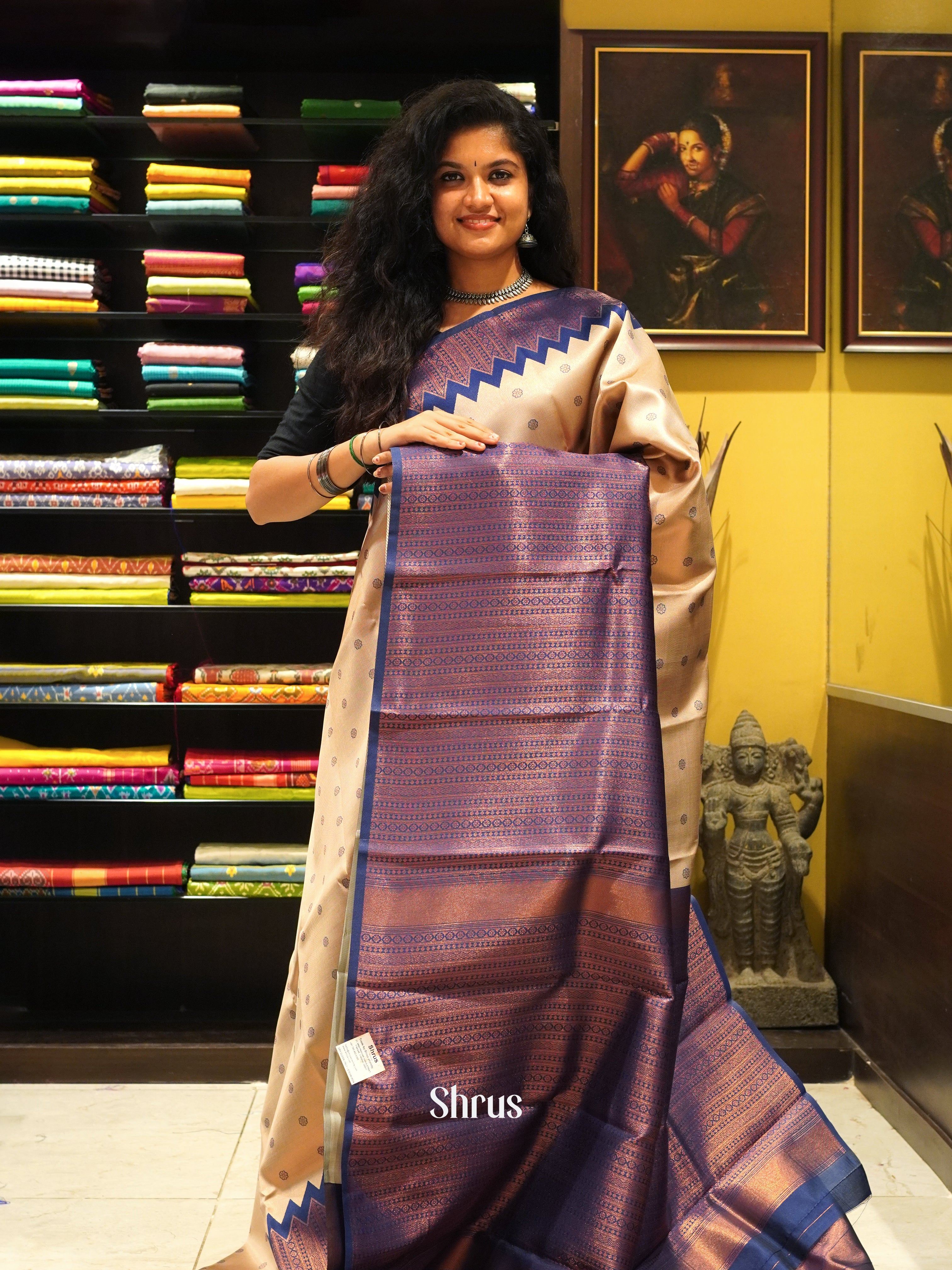 Cream & Blue - Semi Kanchipuram Saree