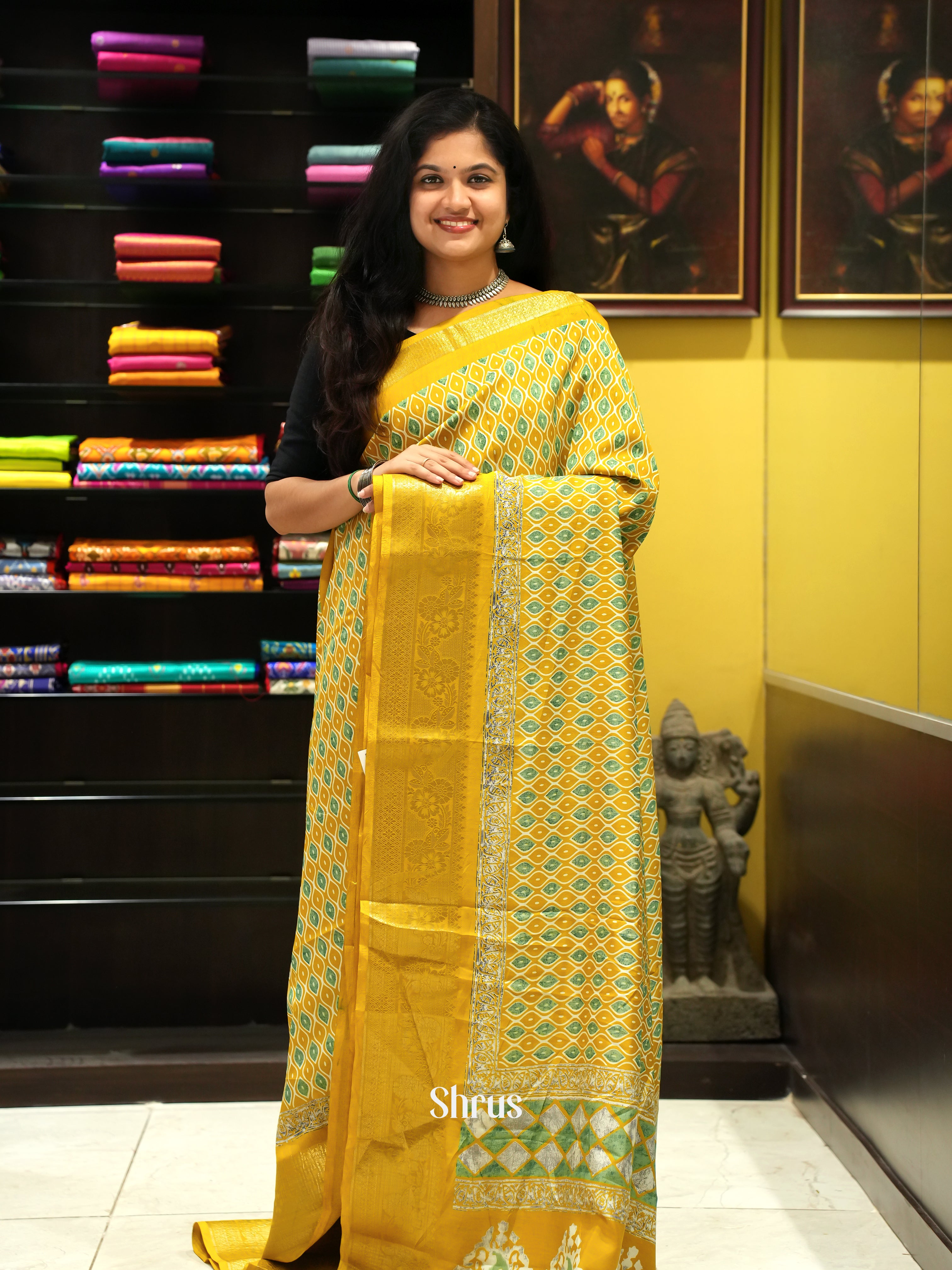 Yellow & Blue - Semi Crepe Saree