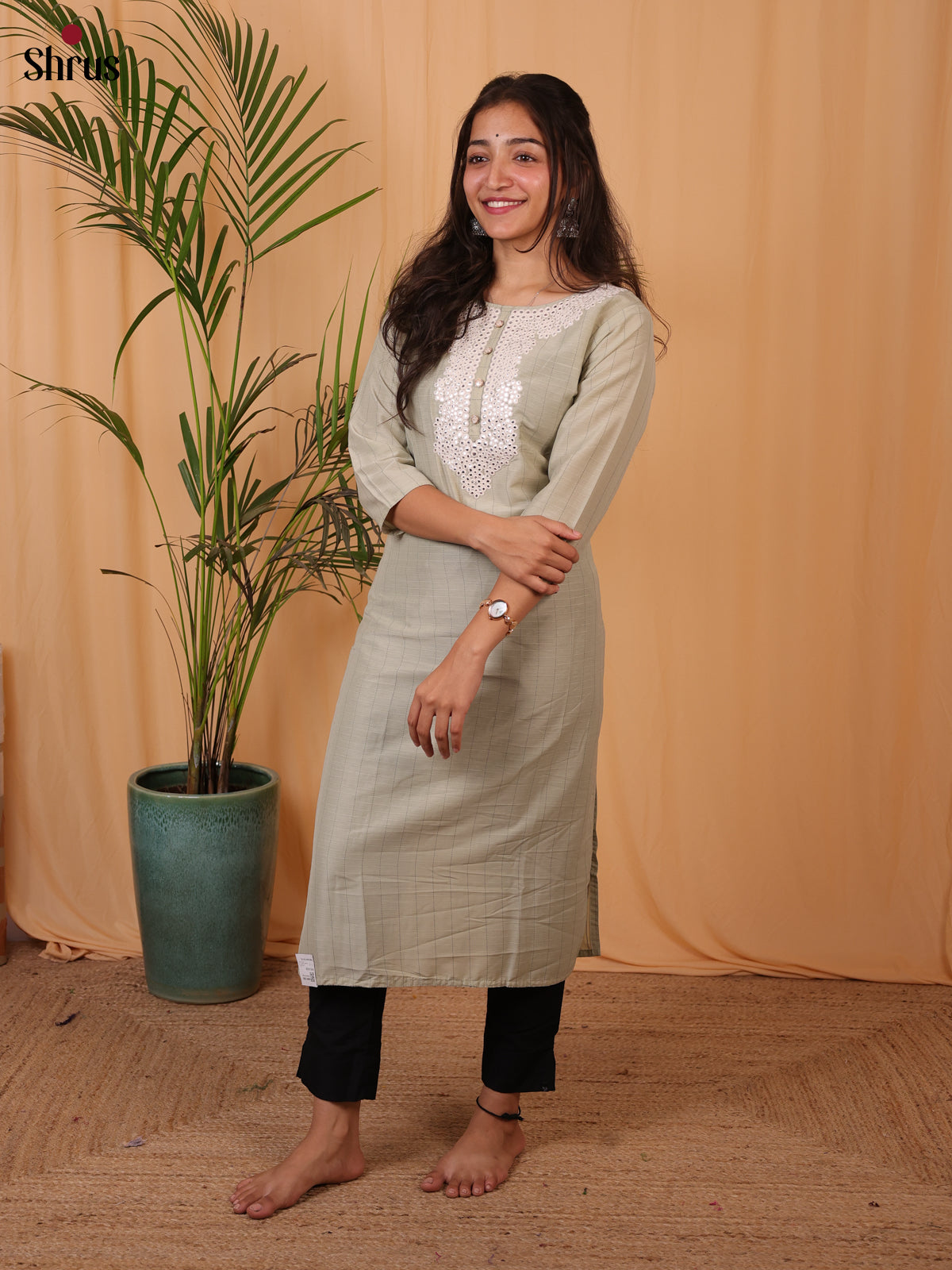 Grey - Embroidered Straight Readymade Kurti