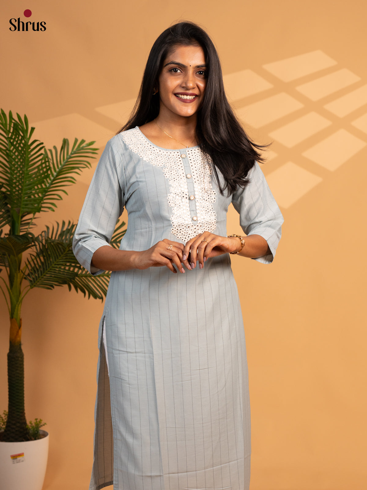 Grey - Embroidered Straight  Readymade Kurti