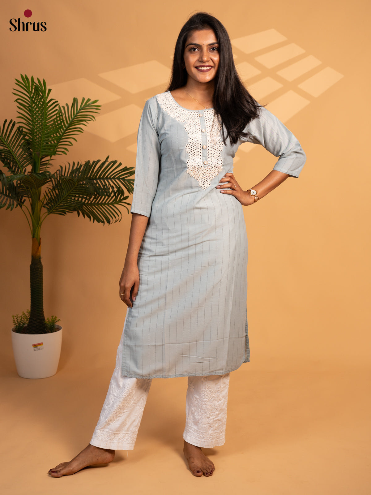 Grey - Embroidered Straight  Readymade Kurti