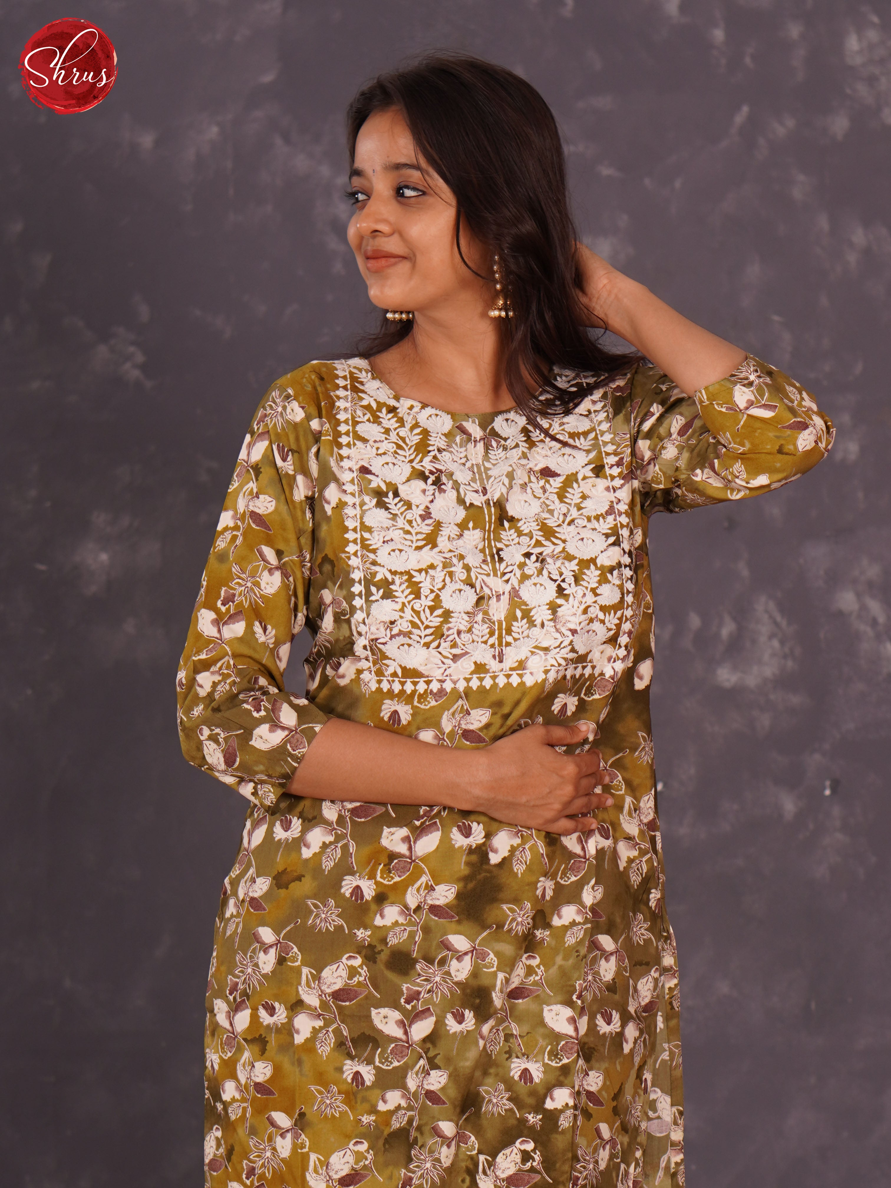 Green - Printed Rayon Straight Readymade Kurti with embroidery in the neck yoke - Shop on ShrusEternity.com