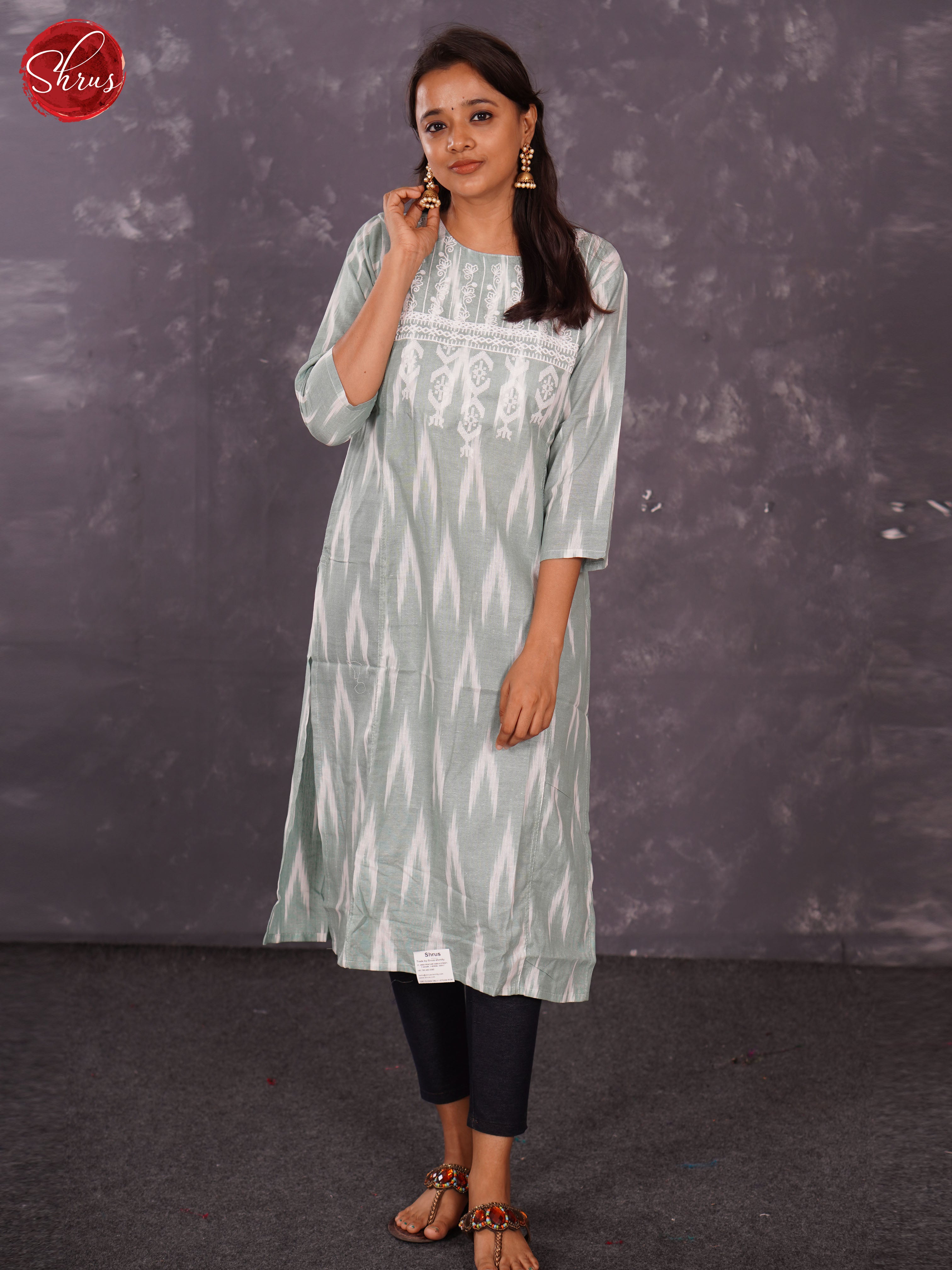 Grey - Ikkat Printed Cotton straight Readymade Kurti with embroidery in the neck - Shop on ShrusEternity.com