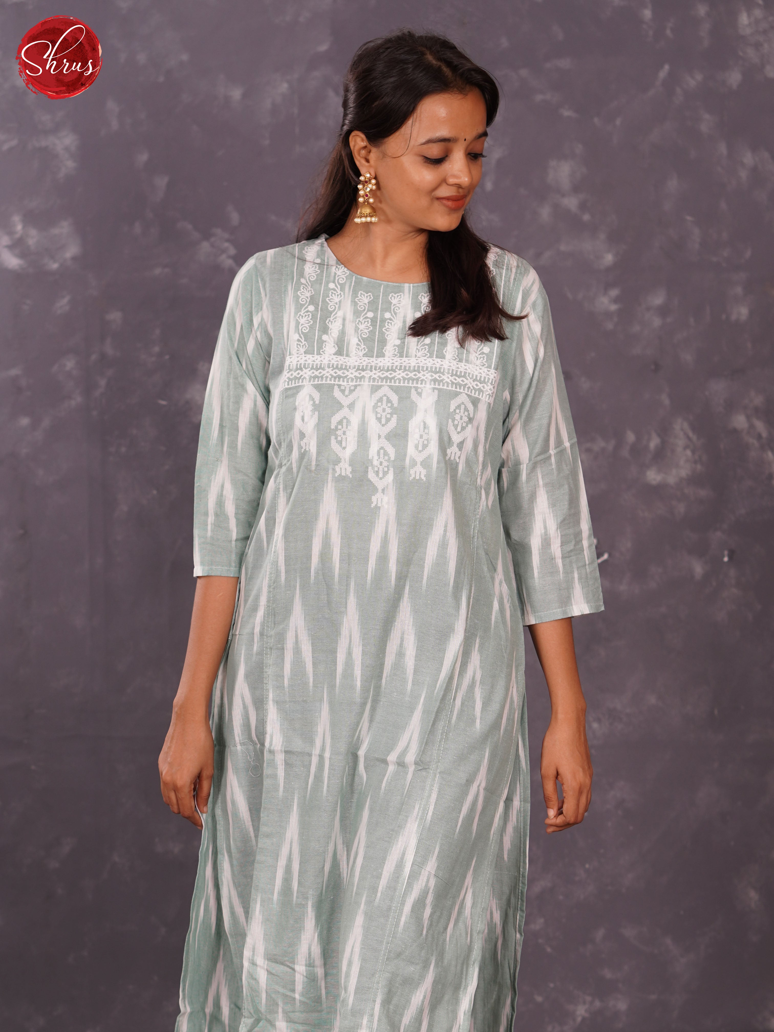 Grey - Ikkat Printed Cotton straight Readymade Kurti with embroidery in the neck - Shop on ShrusEternity.com