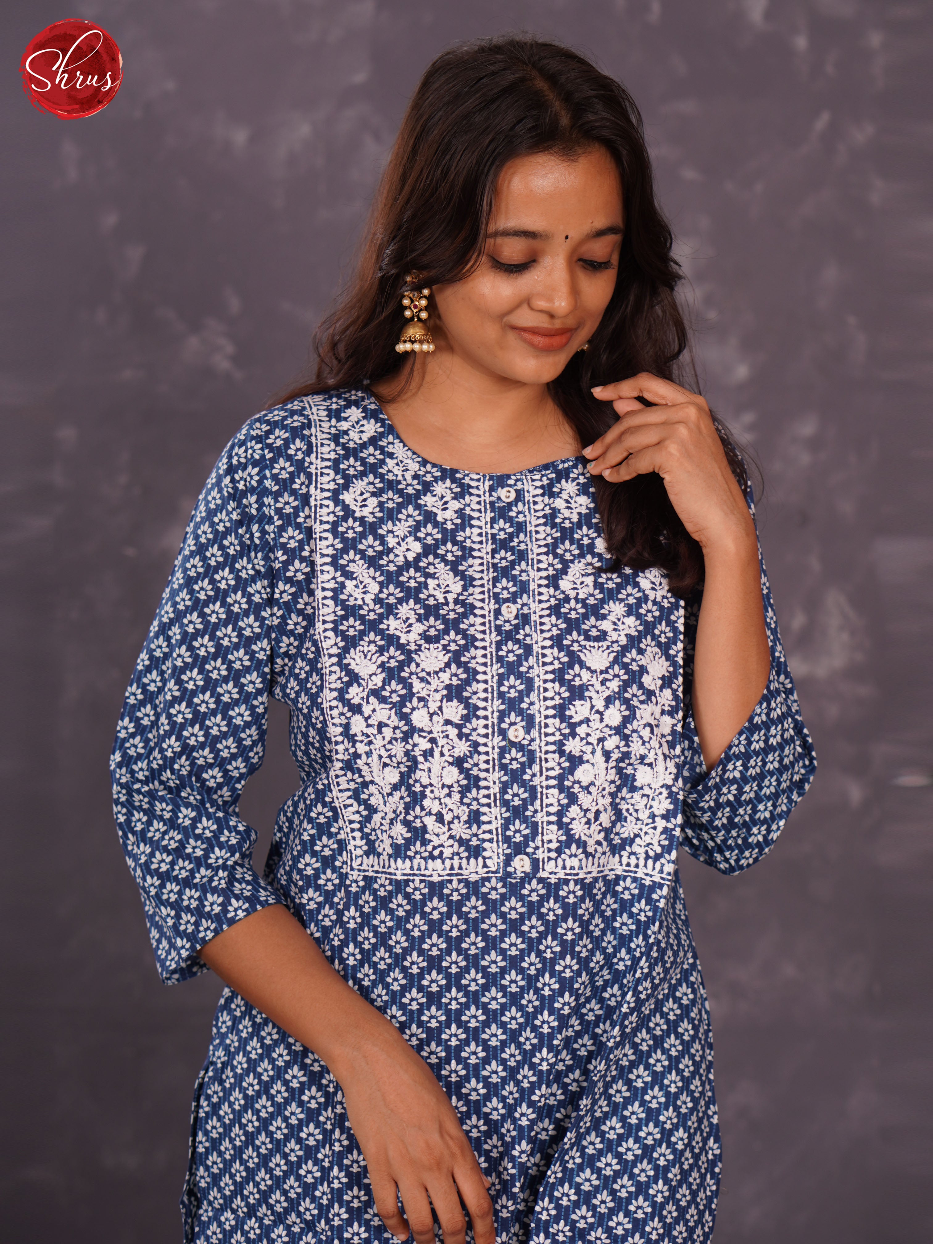 Blue - Printed Cotton Readymade Kurti with thread embroidery in the neck yoke - Shop on ShrusEternity.com