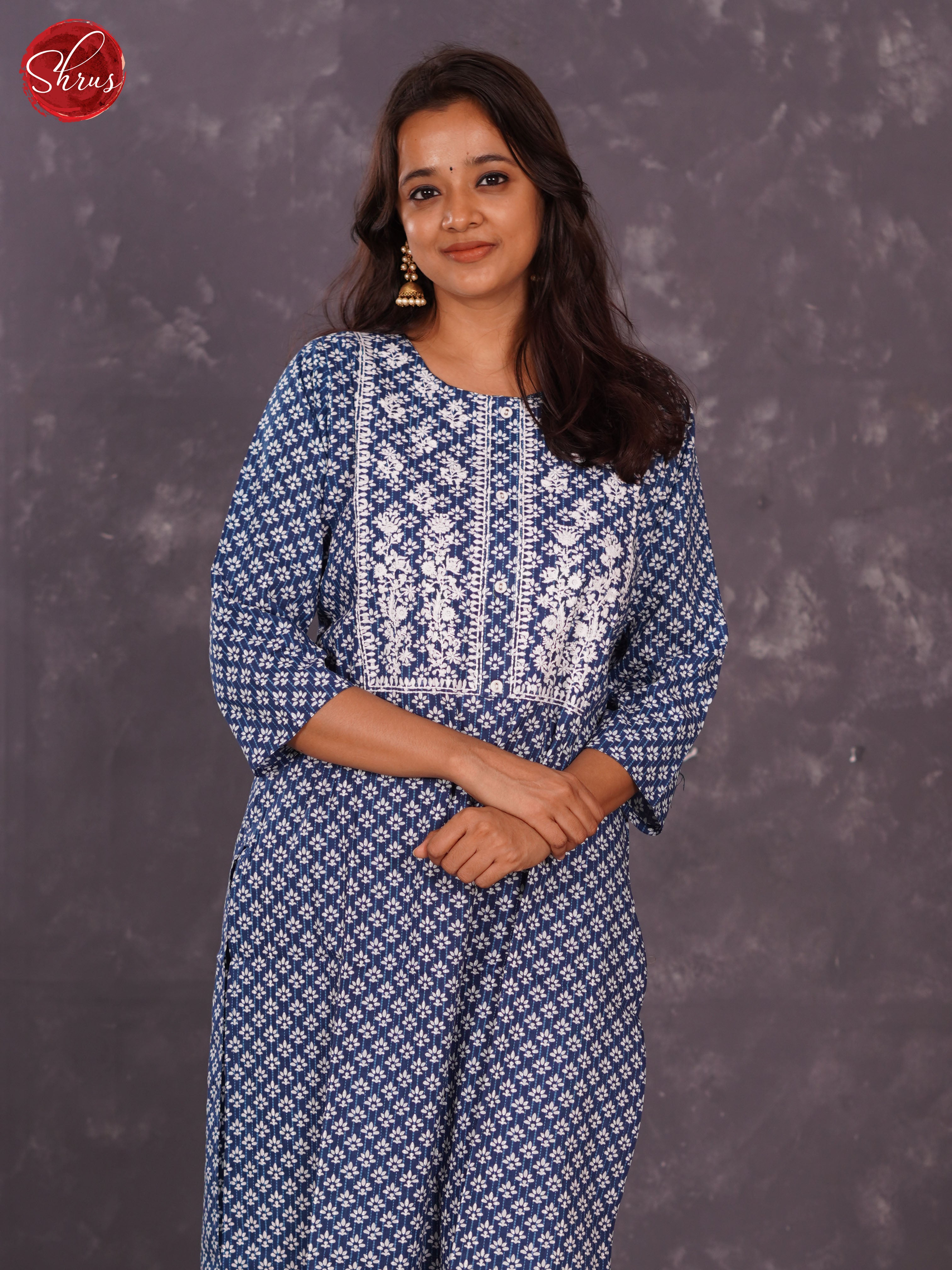 Blue - Printed Cotton Readymade Kurti with thread embroidery in the neck yoke - Shop on ShrusEternity.com