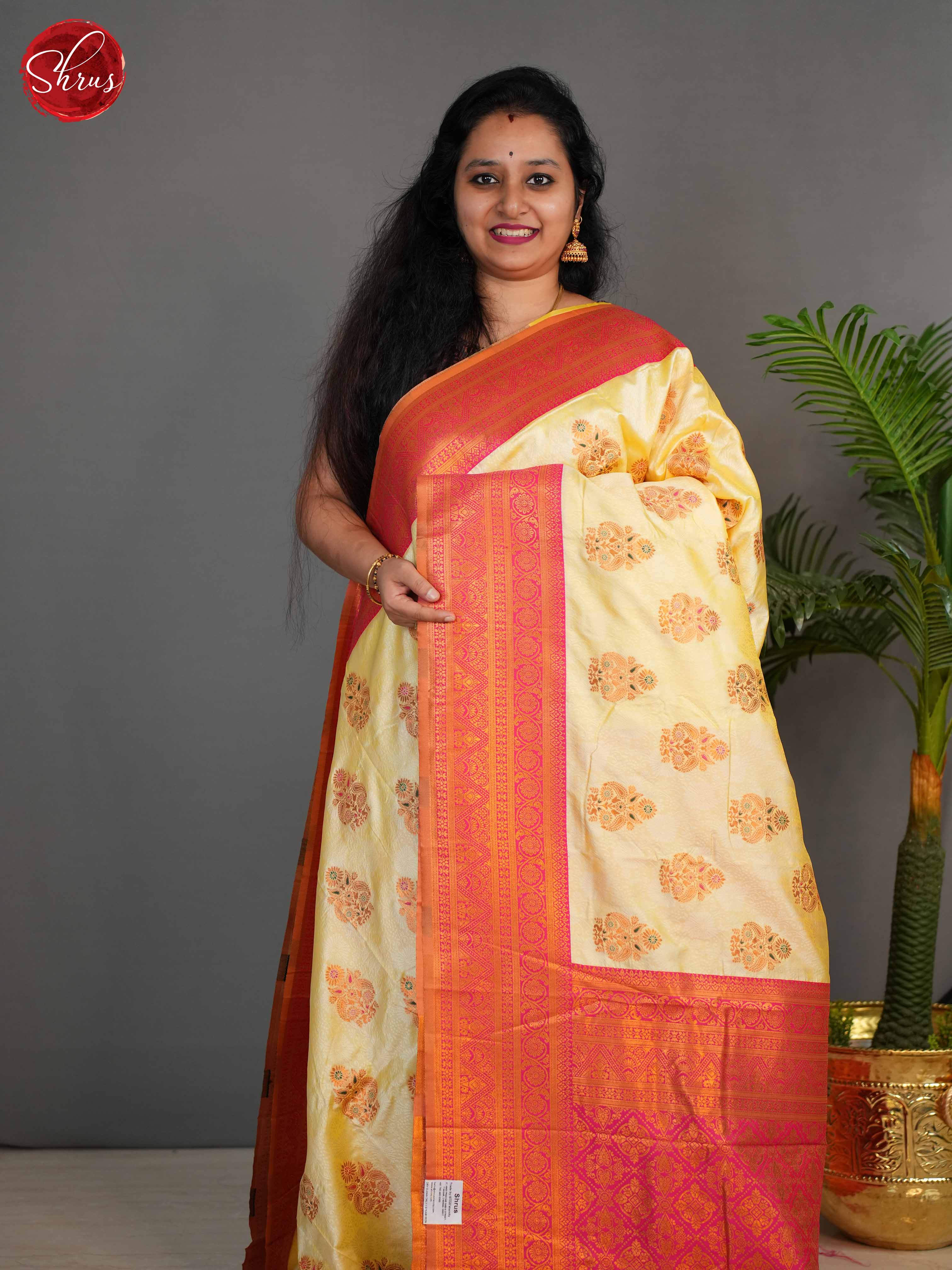 Light Yellow & Pink - Semi kanchipuram Saree - Shop on ShrusEternity.com