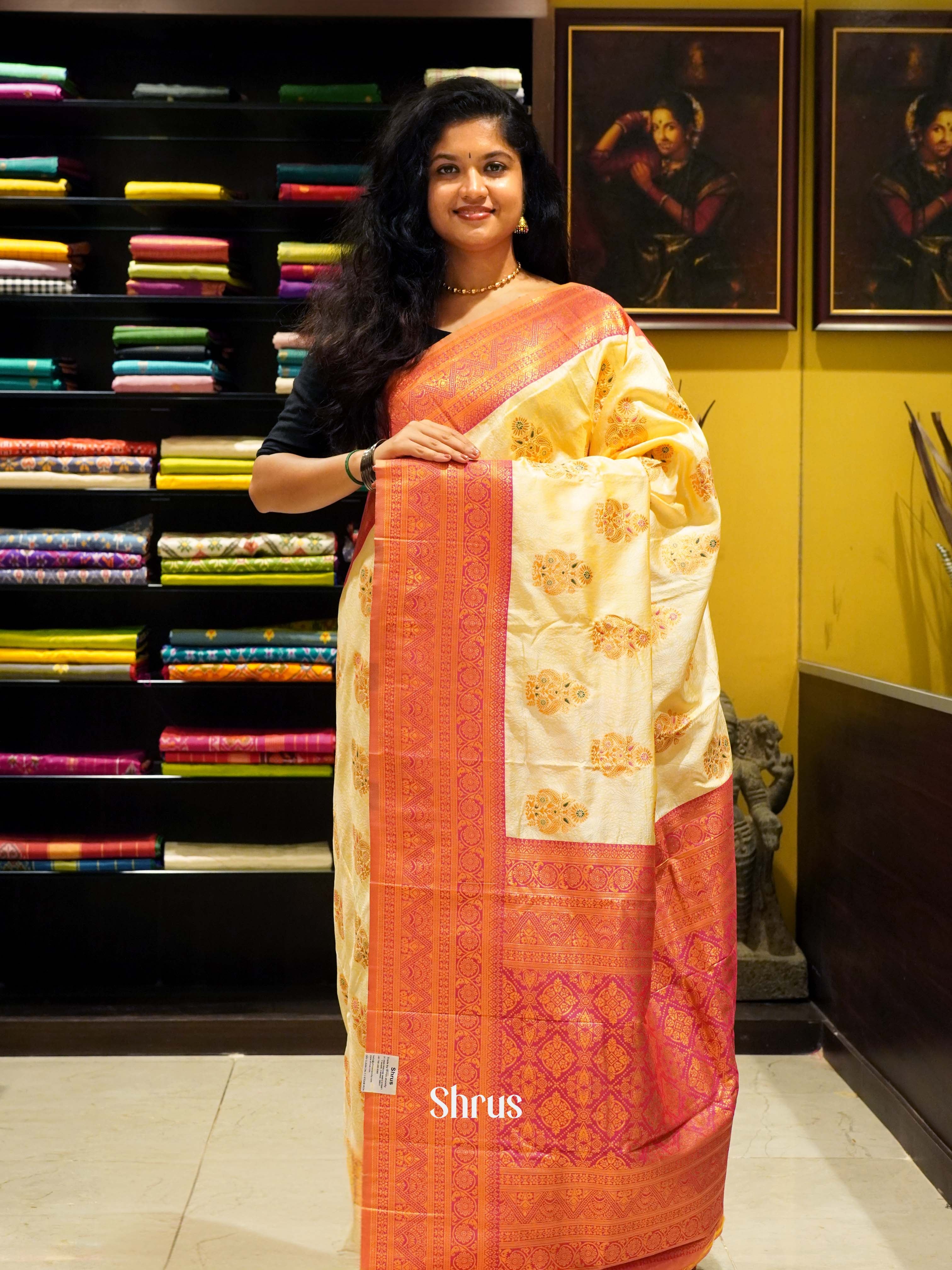 Light Yellow & Pink - Semi kanchipuram Saree