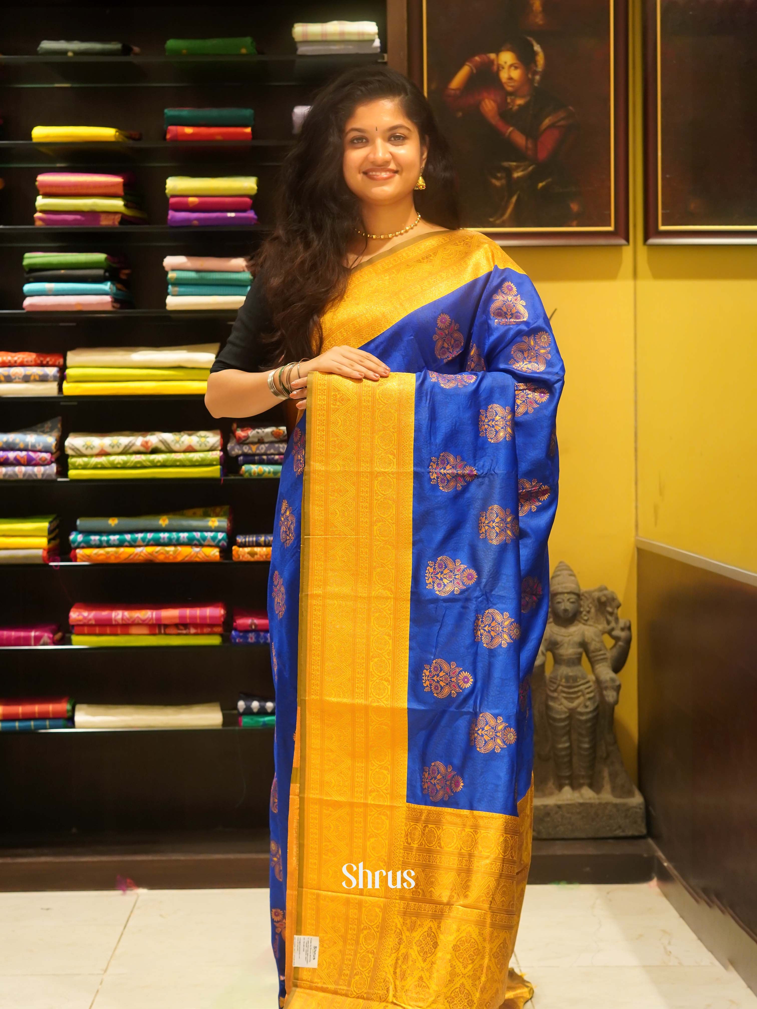 Blue & Mustard - Semi kanchipuram Saree