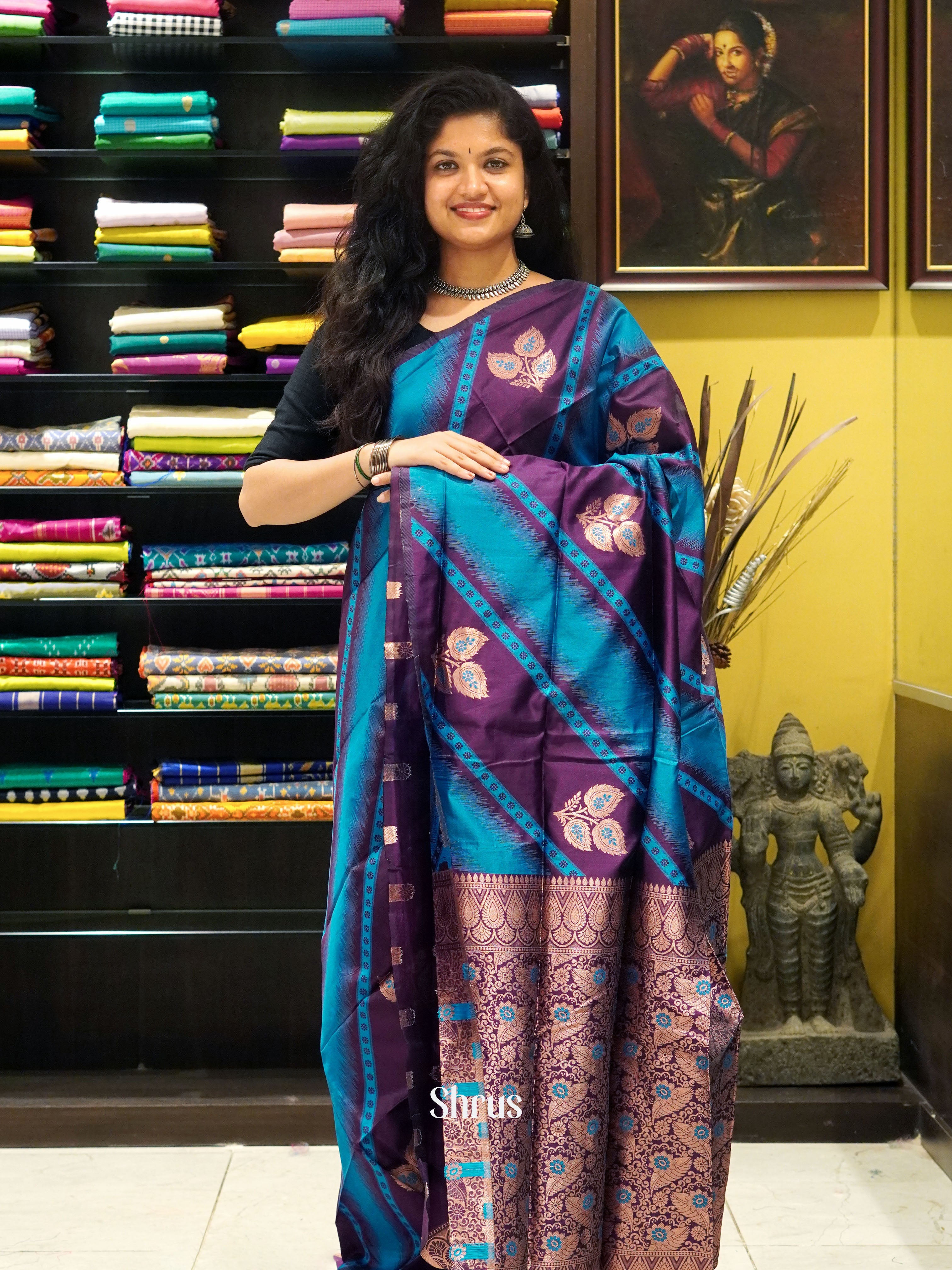 Wine & Blue - Semi Softsilk Saree