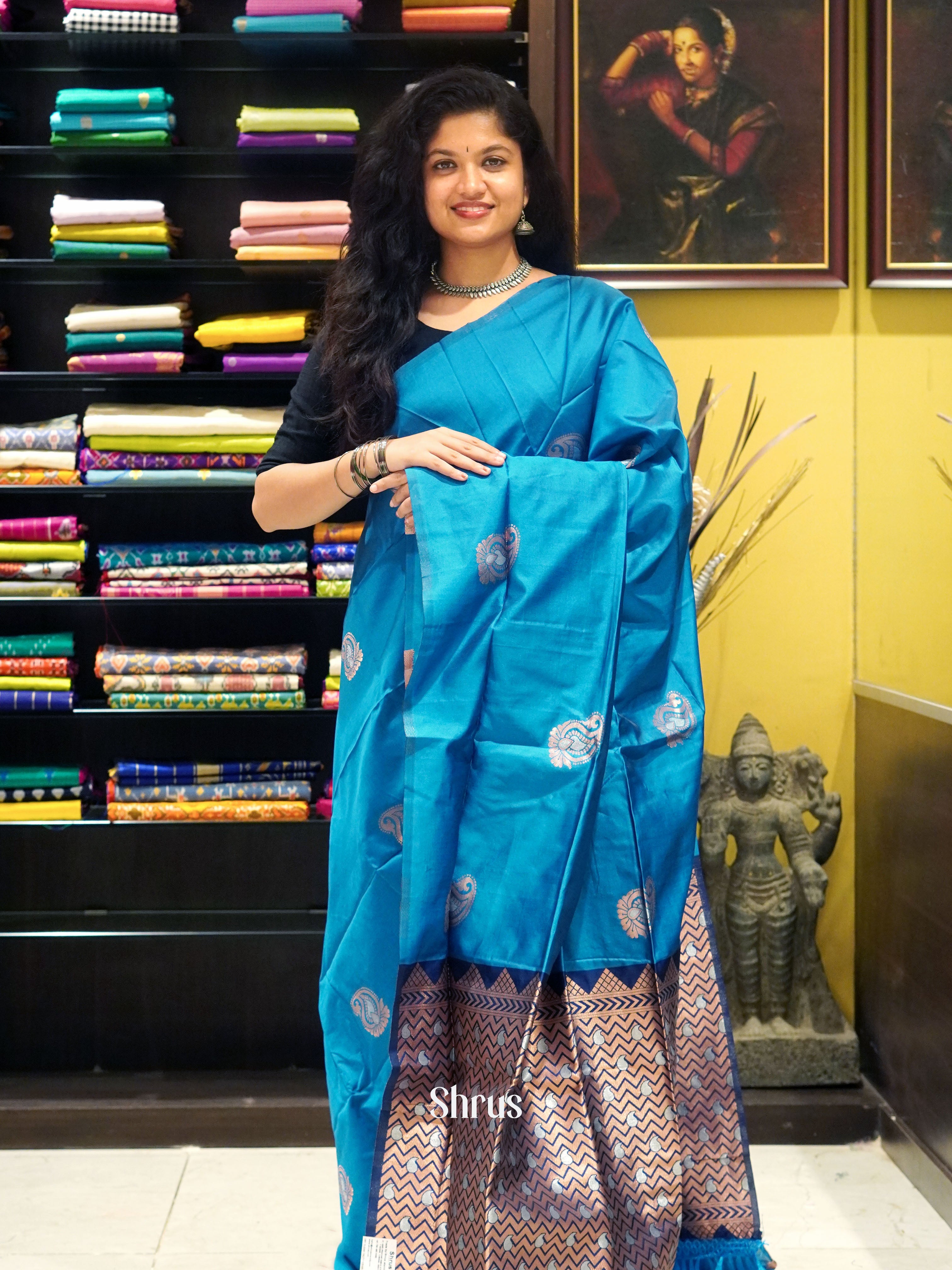 Teal & Blue  - Semi Soft Silk Saree