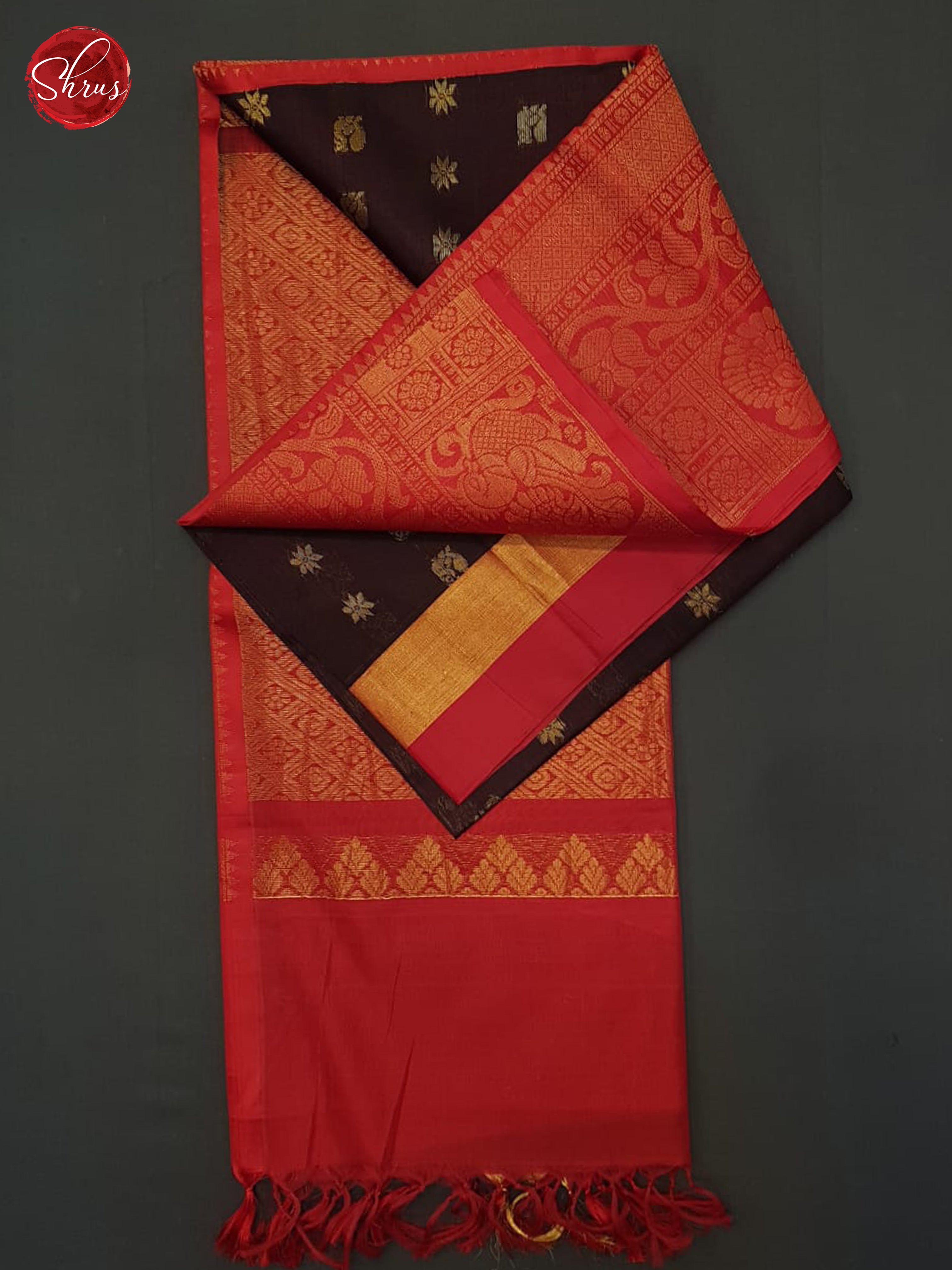 Brown And Red-Silk Cotton Saree - Shop on ShrusEternity.com