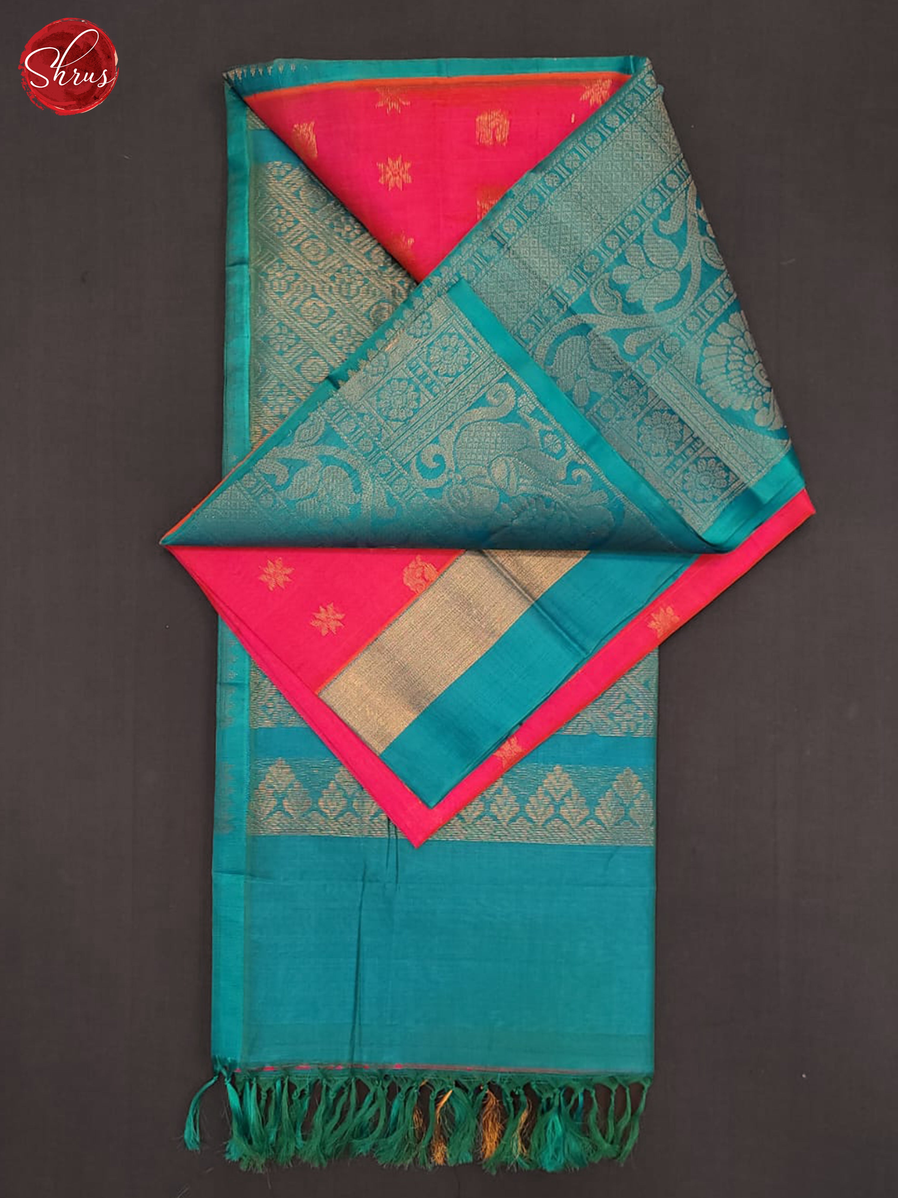 Pink & Blue - Silk Cotton Saree - Shop on ShrusEternity.com