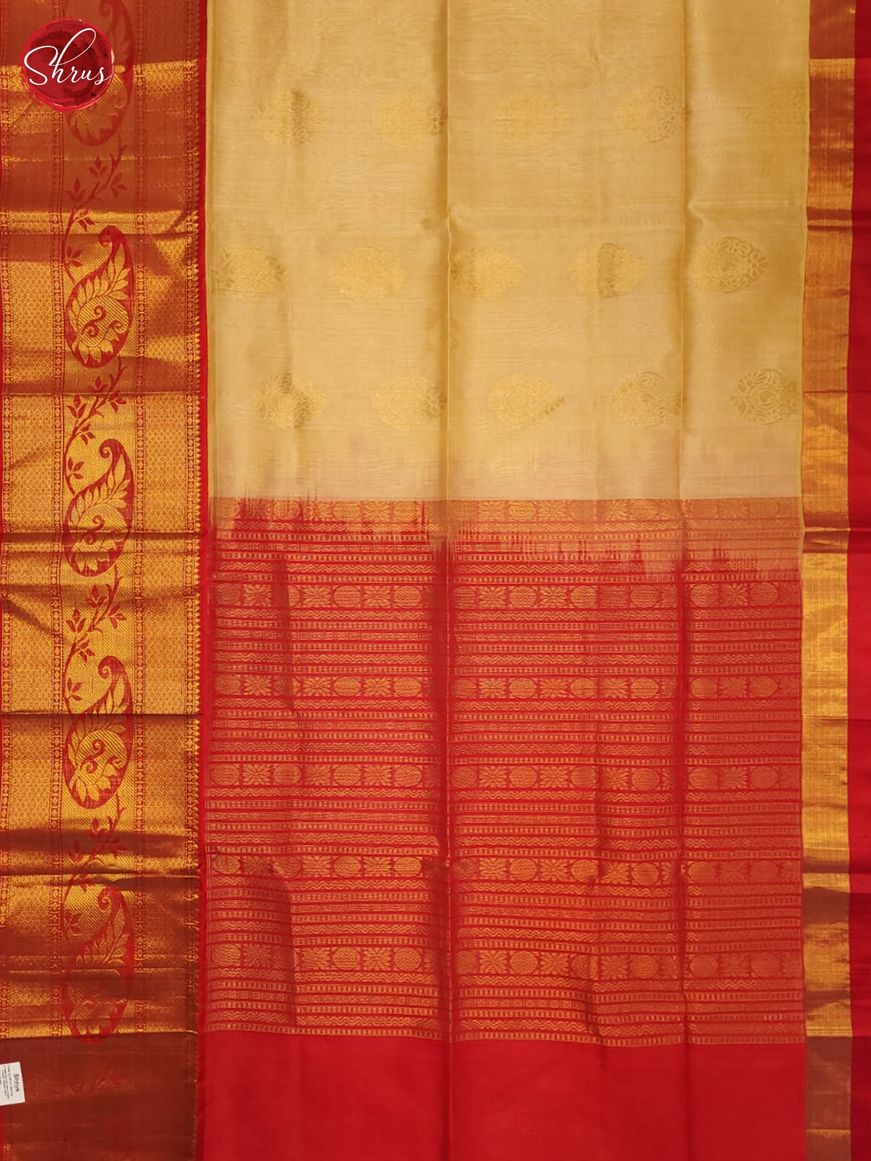Sandal  & Red  - Silk Cotton Saree - Shop on ShrusEternity.com