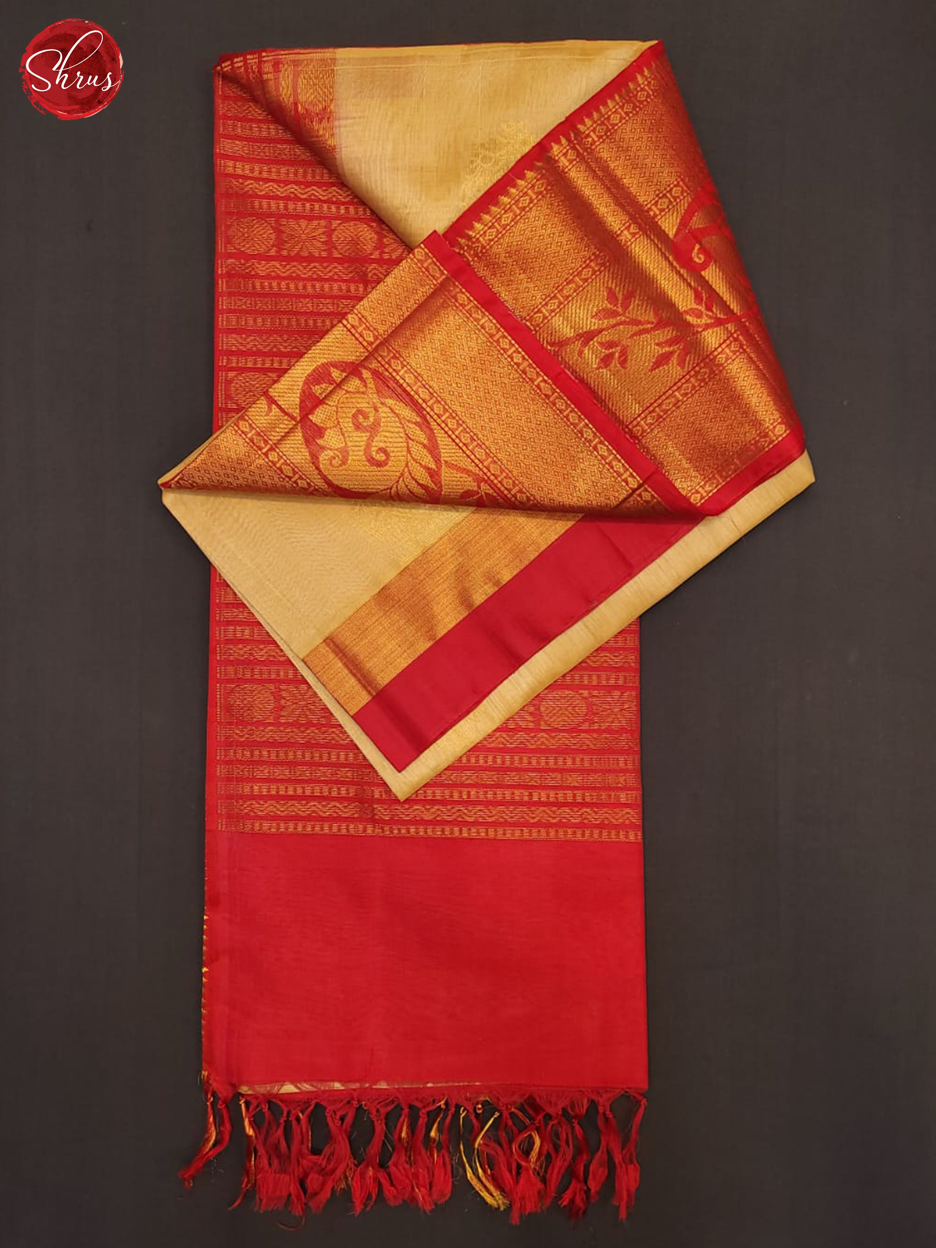 Sandal  & Red  - Silk Cotton Saree - Shop on ShrusEternity.com