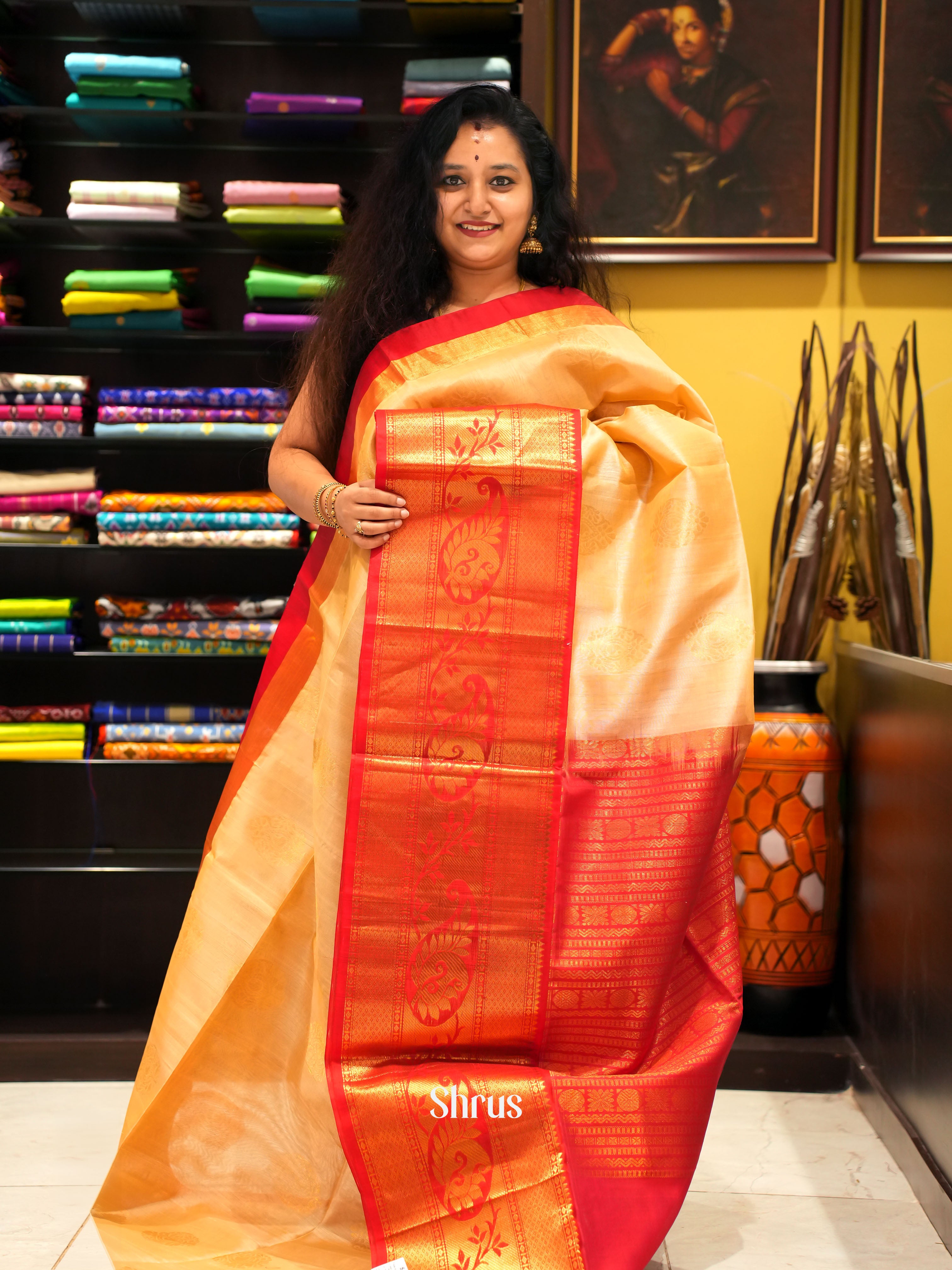 Sandal  & Red  - Silk Cotton Saree