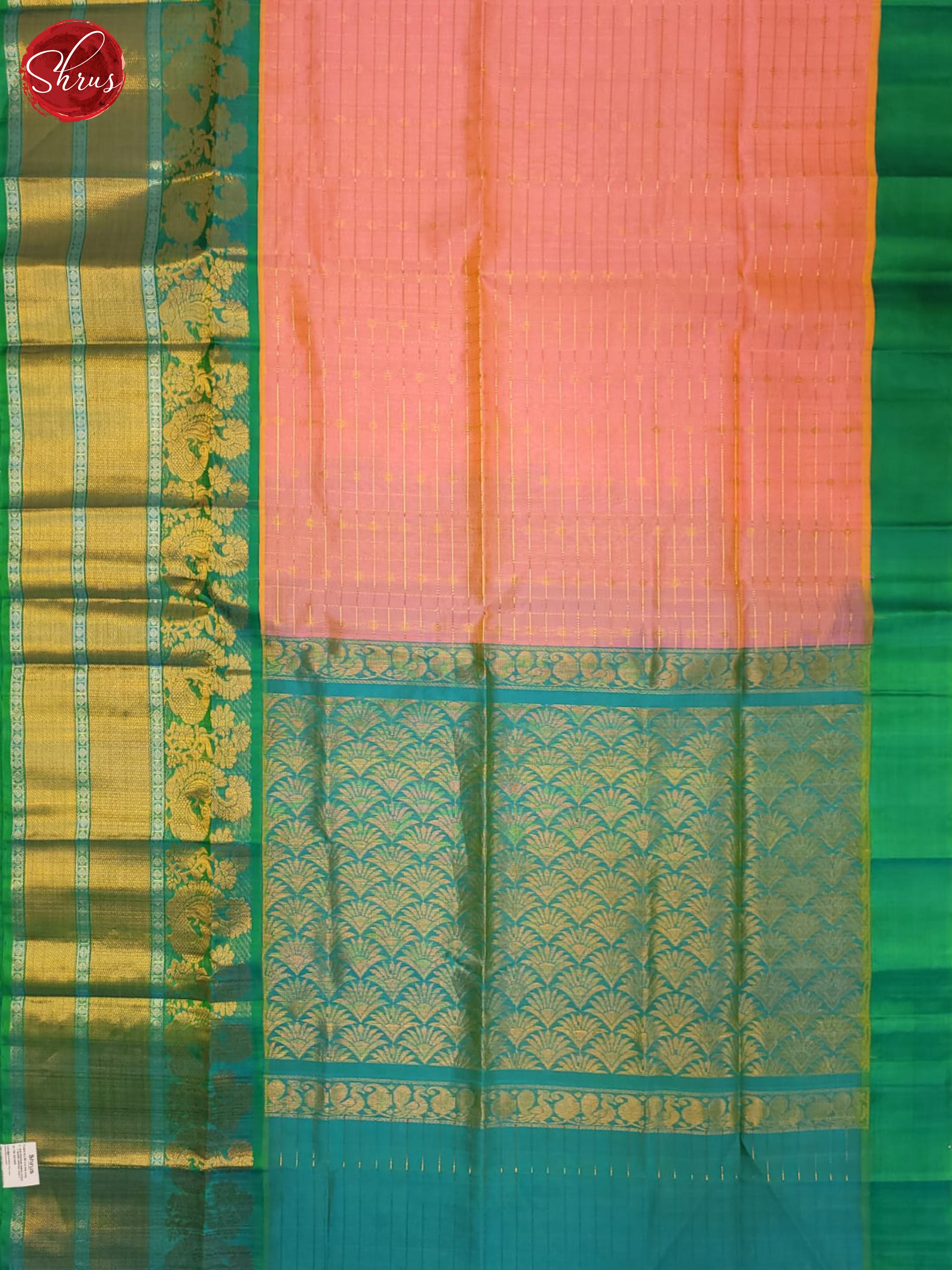 Peach  & Blue  - Silk Cotton Saree - Shop on ShrusEternity.com