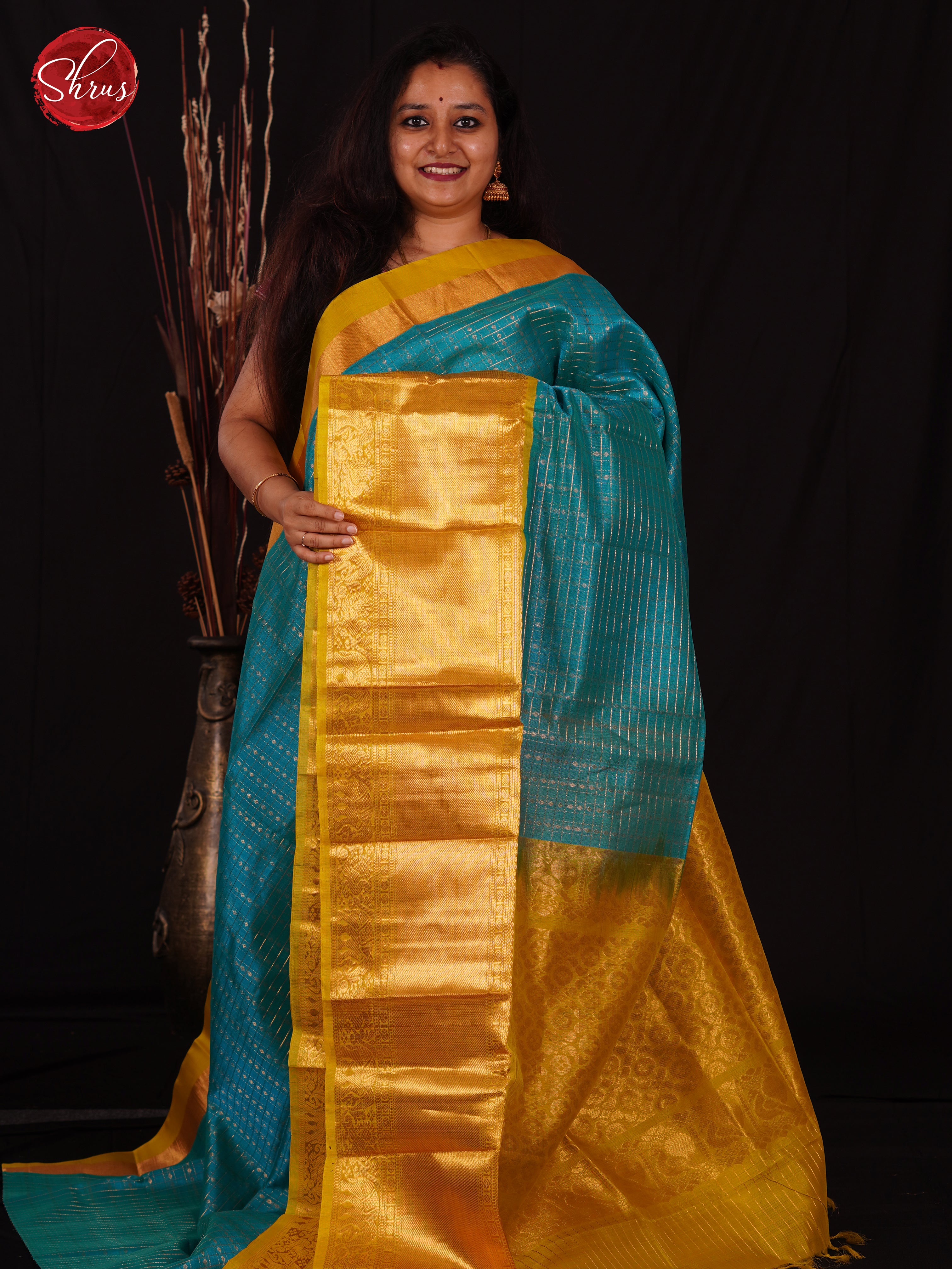 Blue & Yellow - Silk Cotton Saree - Shop on ShrusEternity.com