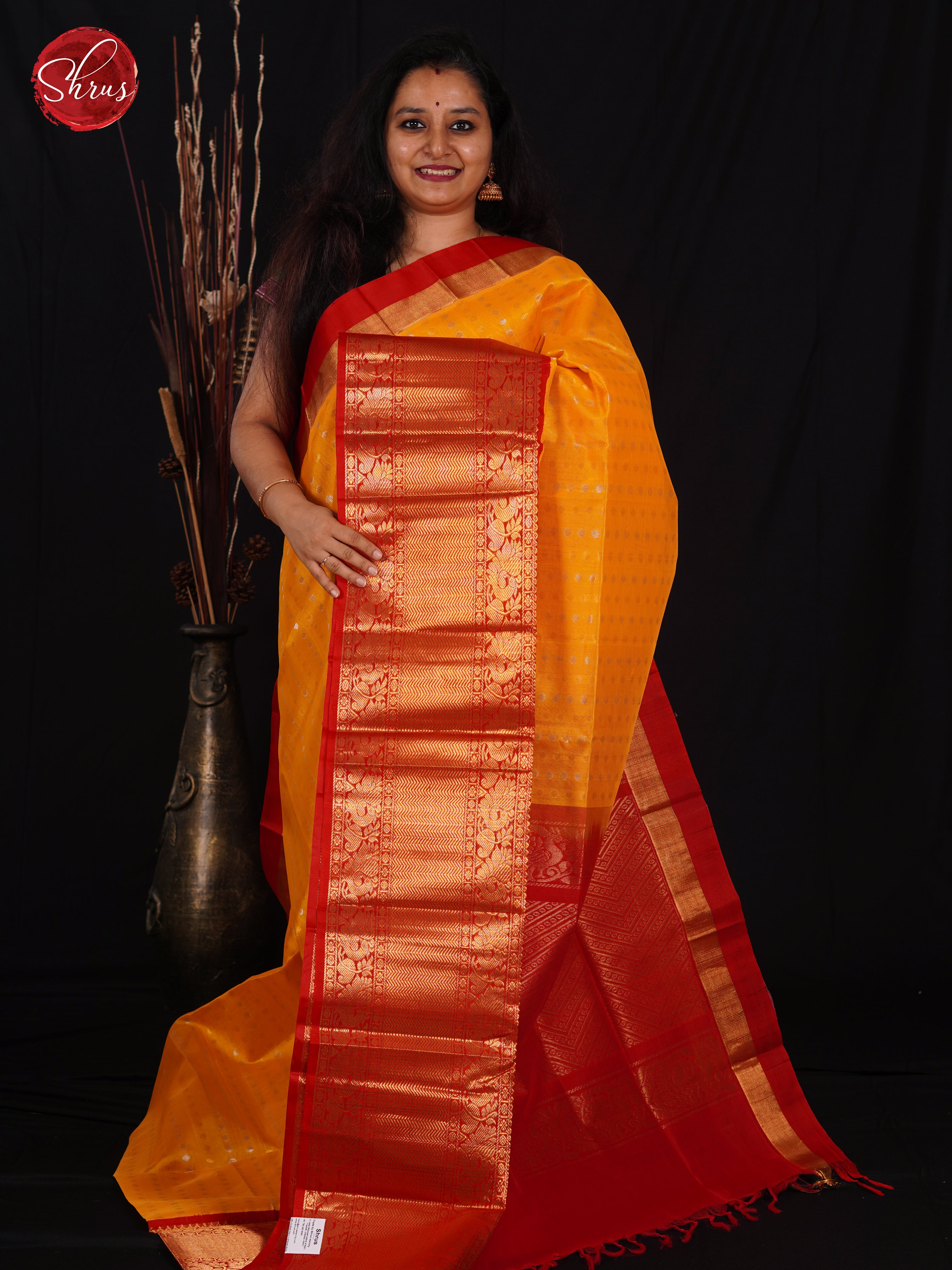 Mustard & Red- Silk Cotton Saree - Shop on ShrusEternity.com