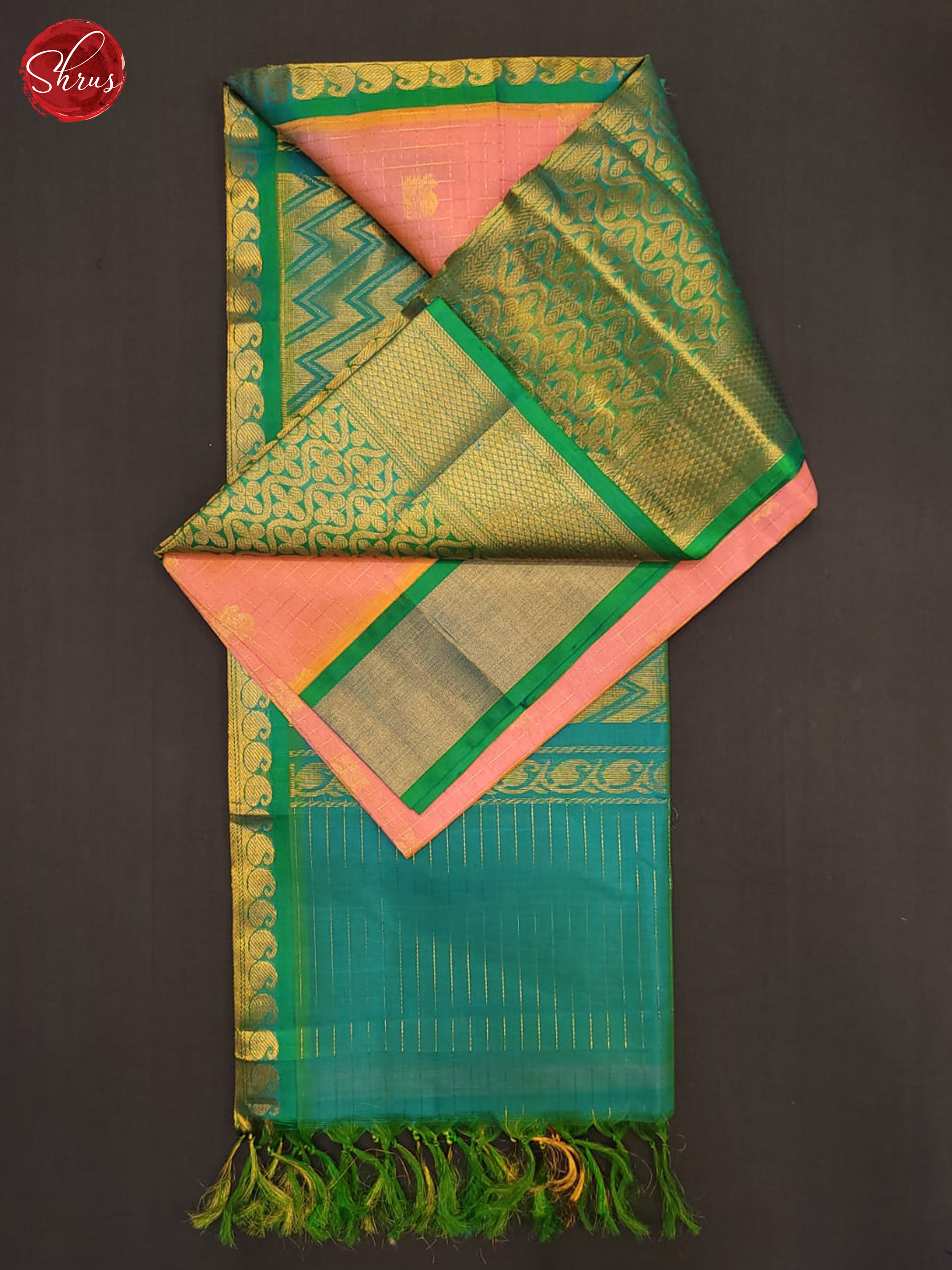 Peachish PInk  & Green- Silk Cotton Saree - Shop on ShrusEternity.com