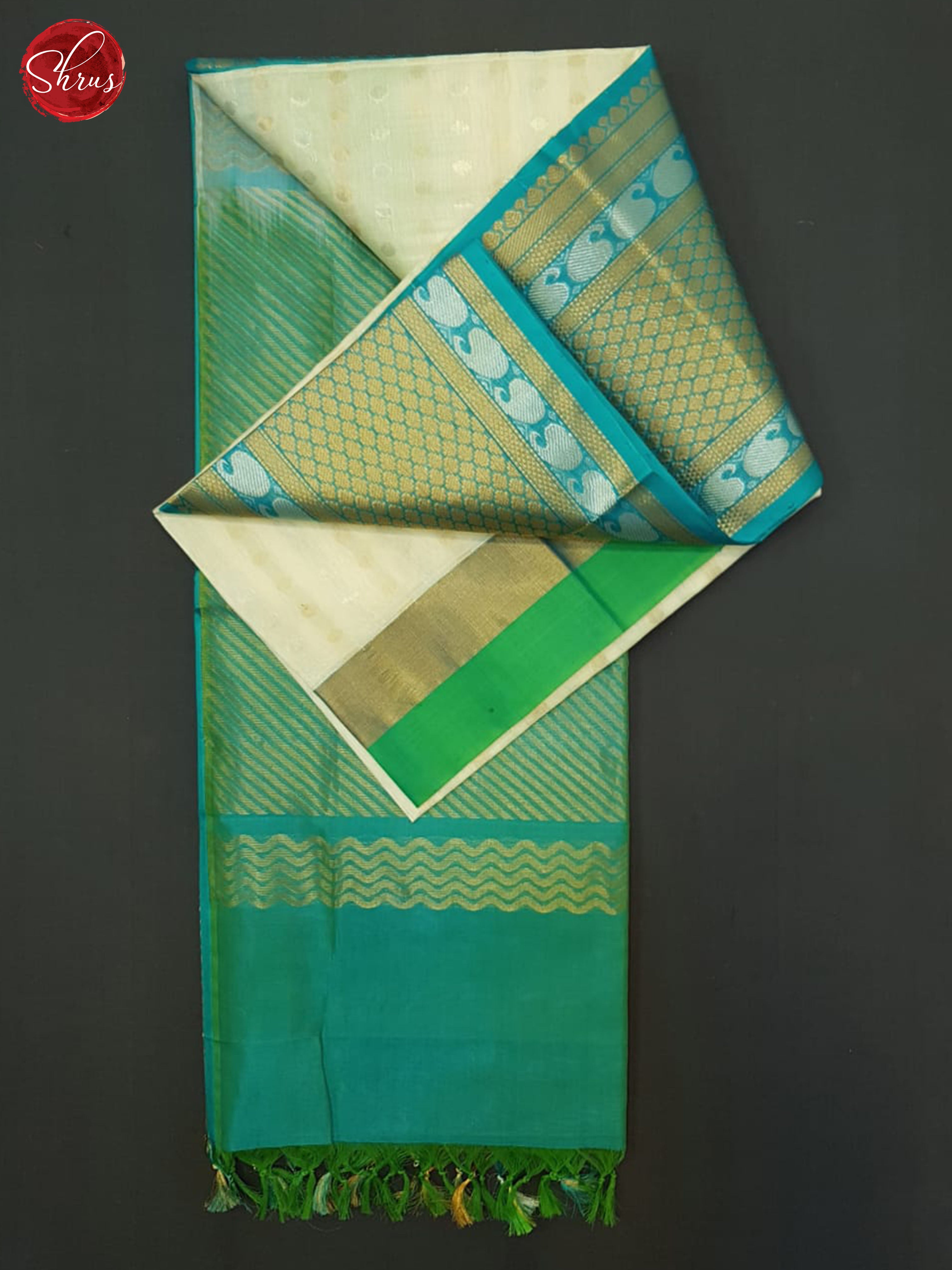 Cream & Blue- Silk Cotton Saree - Shop on ShrusEternity.com