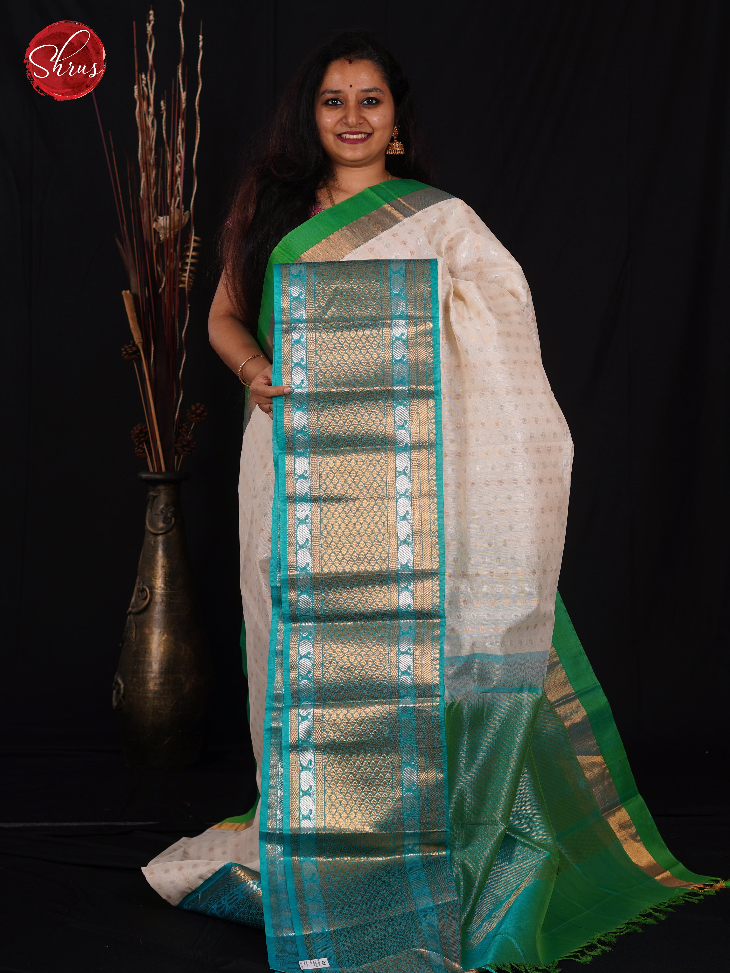 Cream & Blue- Silk Cotton Saree - Shop on ShrusEternity.com