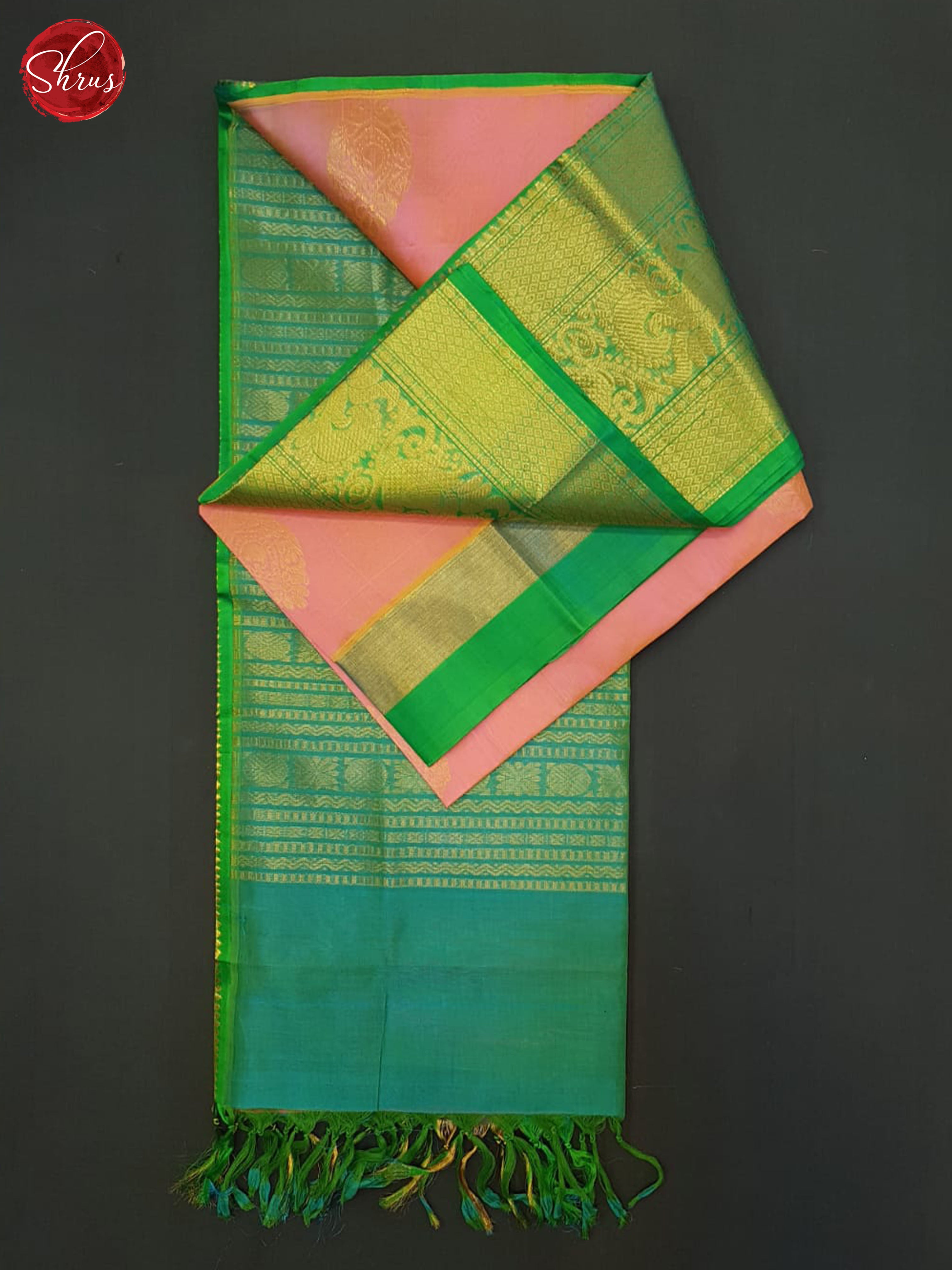 Peachish Pink & Green  - Silk Cotton Saree - Shop on ShrusEternity.com