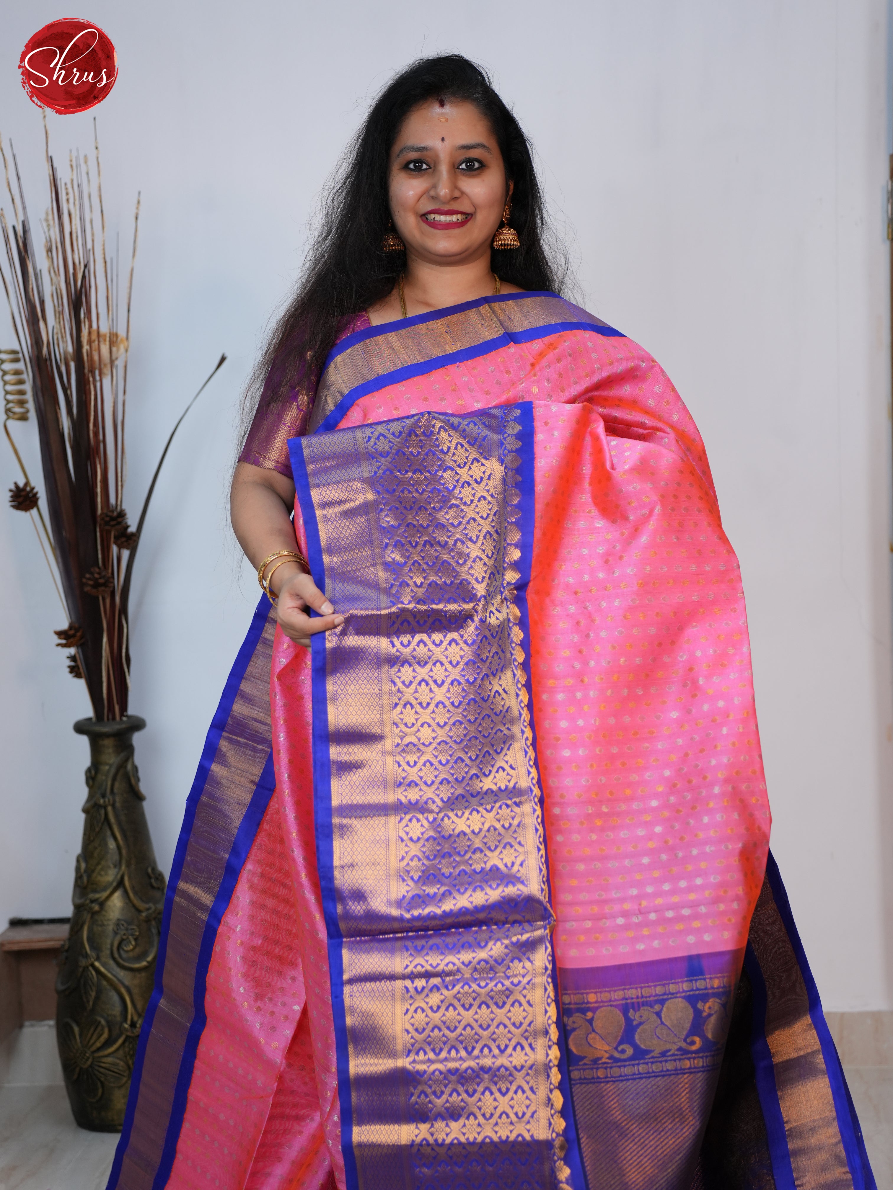 Pink & Blue - Silk Cotton Saree - Shop on ShrusEternity.com