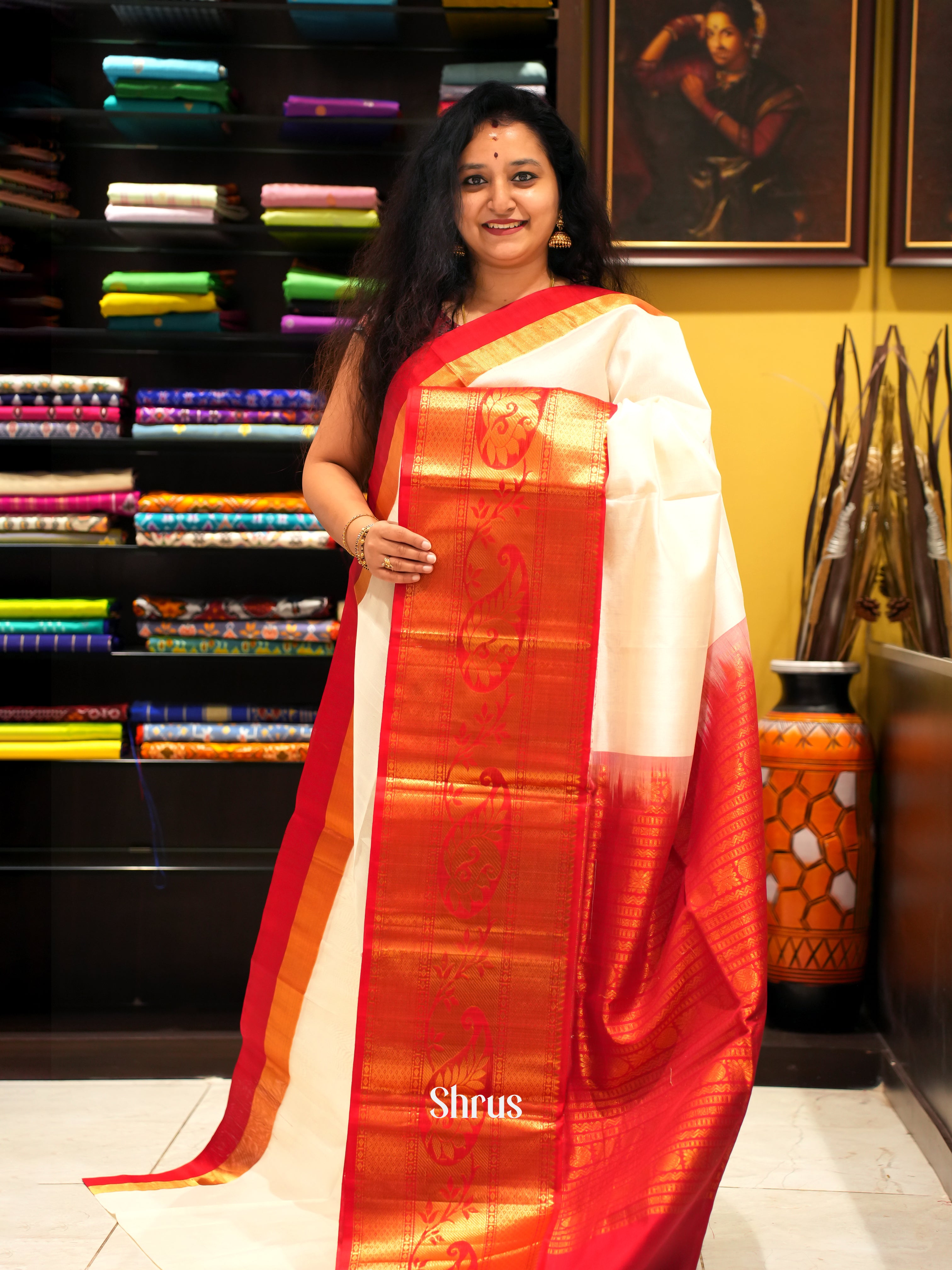 Cream And Red- Silk Cotton Saree