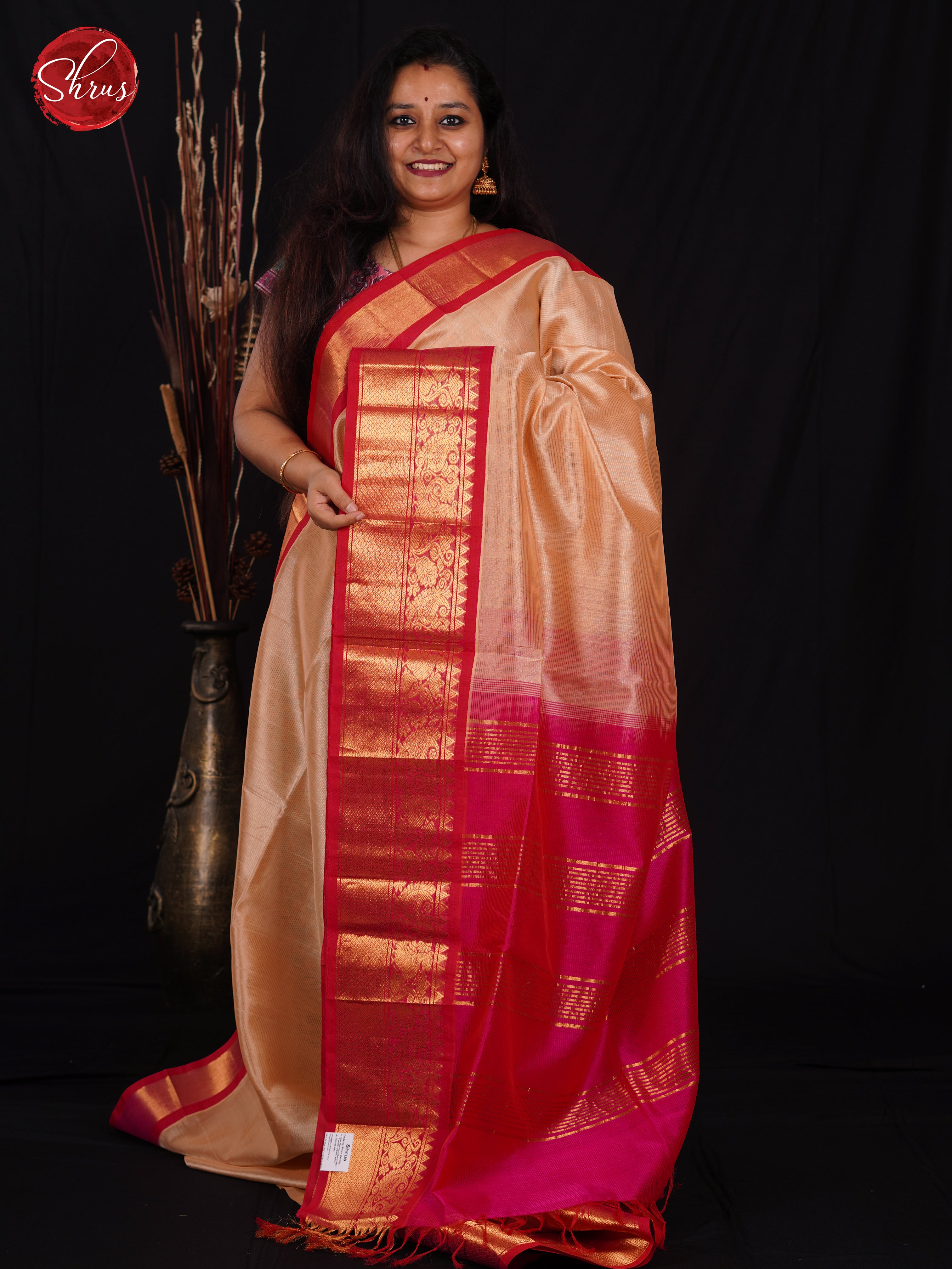 Beige & Pink - Silk Cotton Saree - Shop on ShrusEternity.com