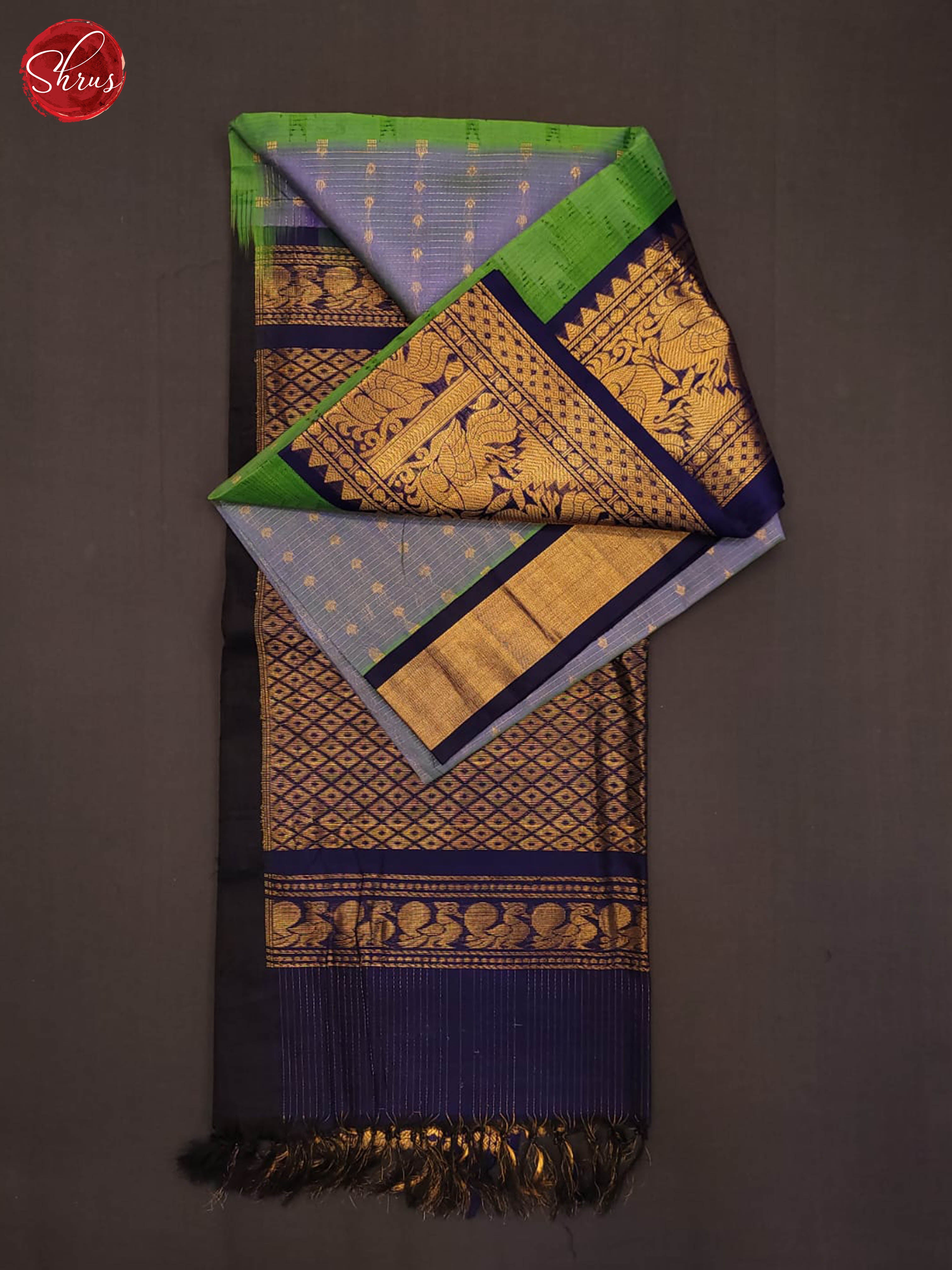 Dusty Blue and Navy blue-Silk Cotton Saree - Shop on ShrusEternity.com