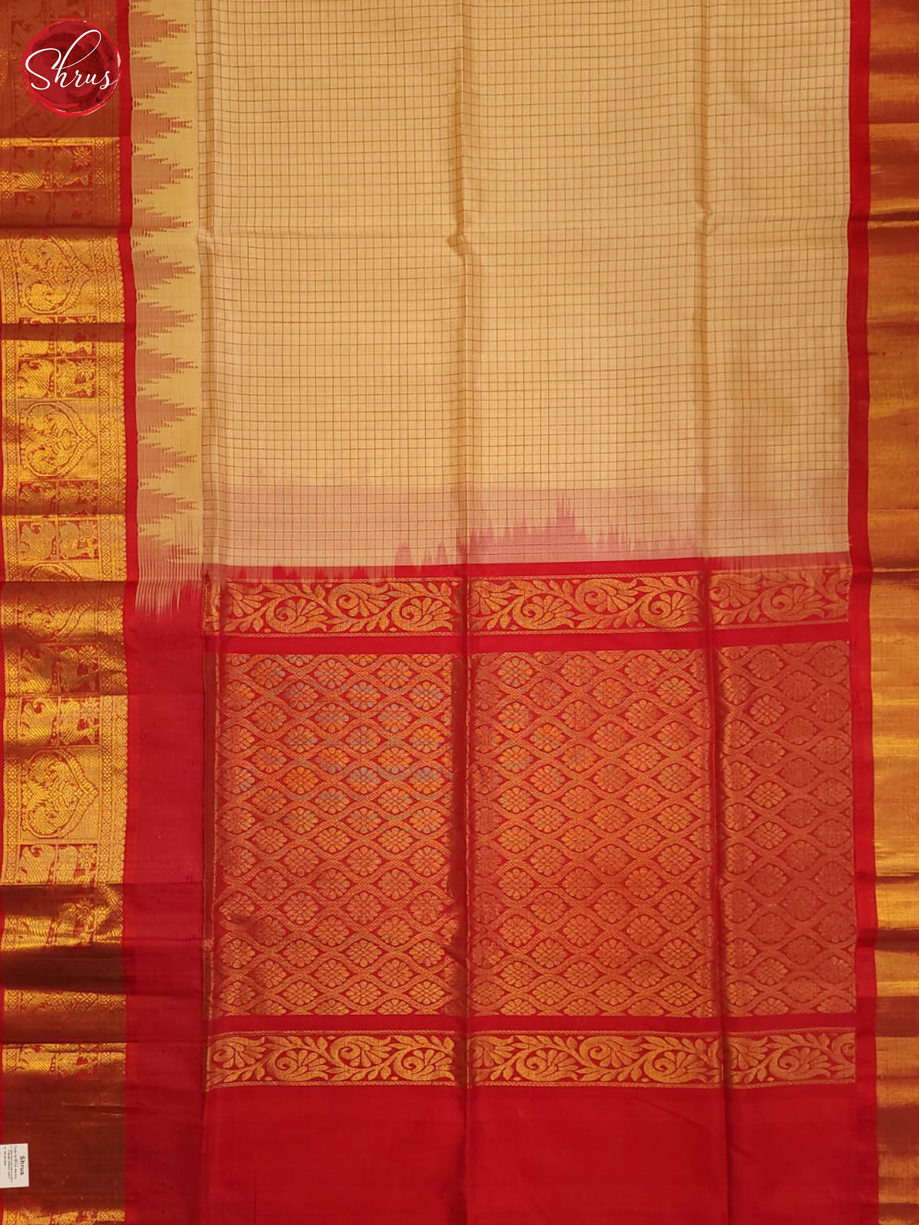 Beige & Red - Silk Cotton Saree - Shop on ShrusEternity.com