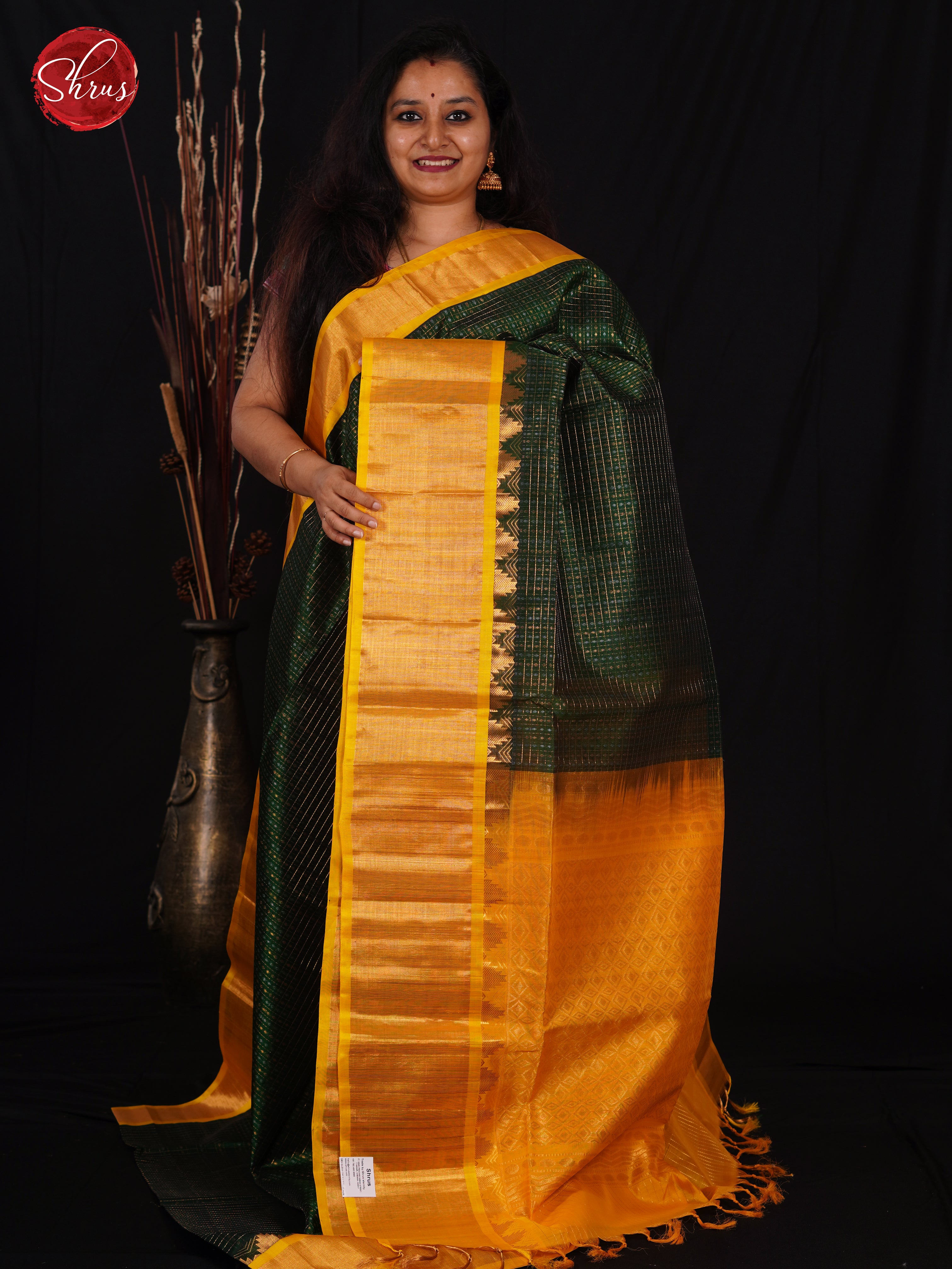 Green & Yellow- Silk Cotton Saree - Shop on ShrusEternity.com