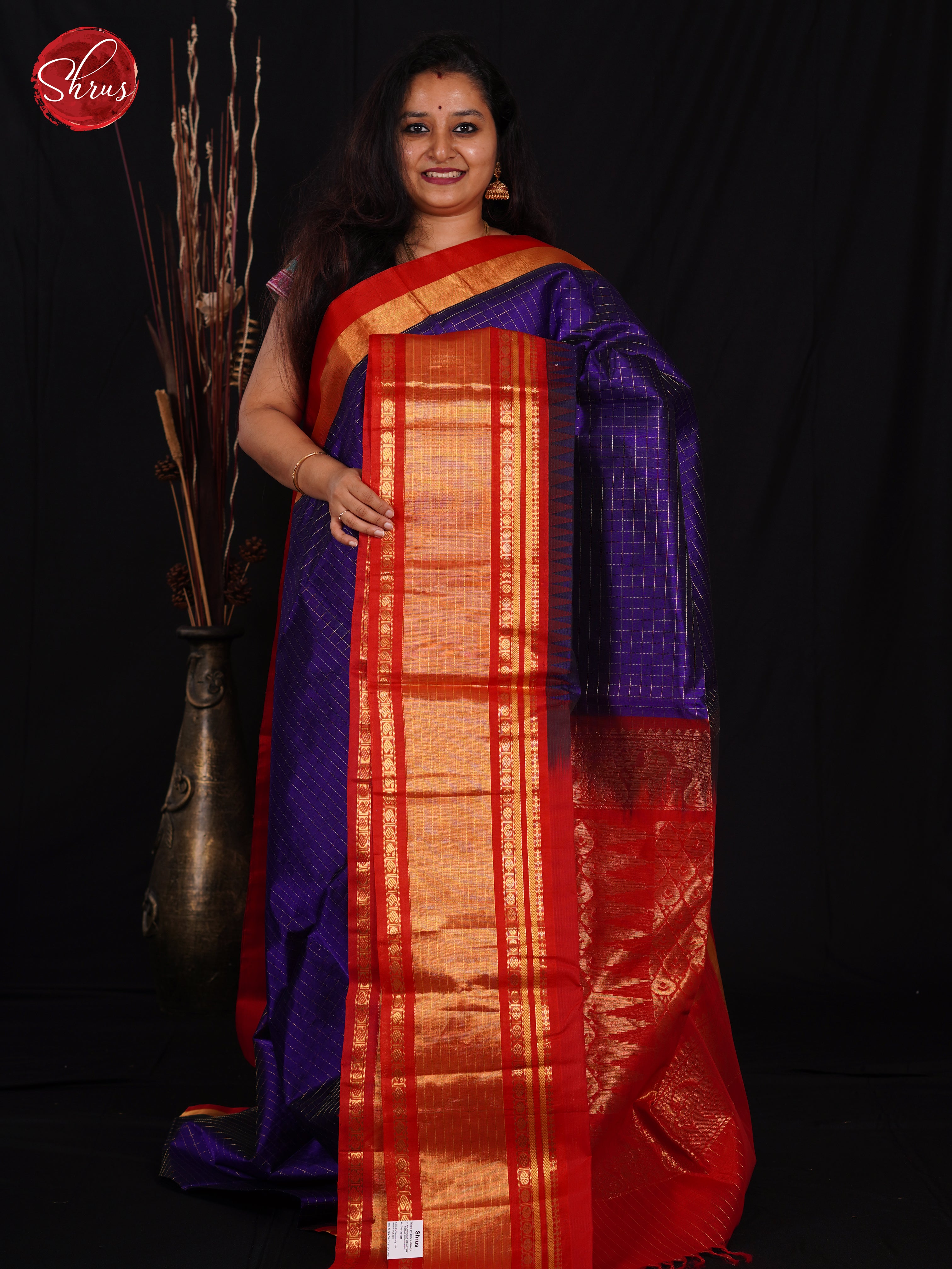 Blue & Red - Silk Cotton Saree - Shop on ShrusEternity.com