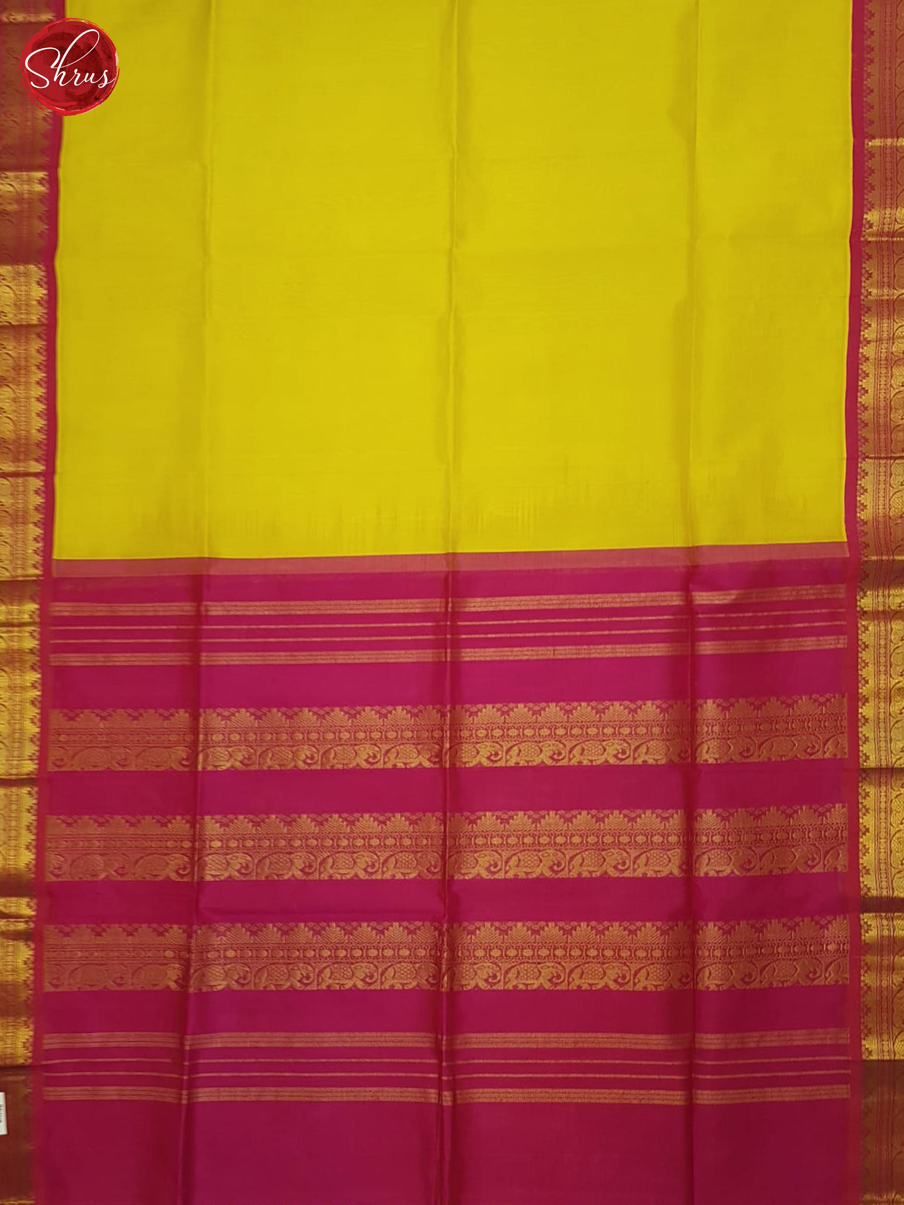 Lime Yellow & Pink -Silk Cotton Saree - Shop on ShrusEternity.com