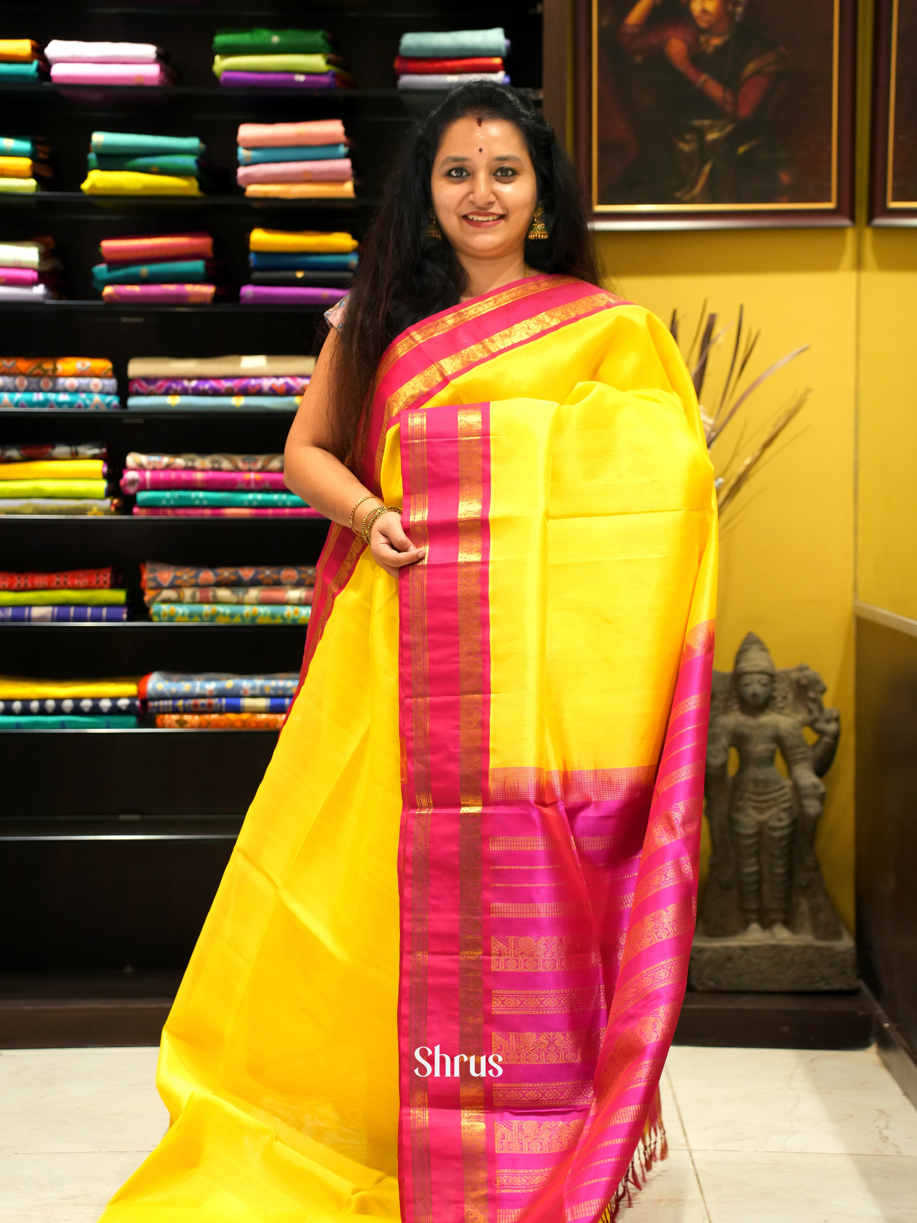 Lime Yellow & Pink - Silk Cotton Saree