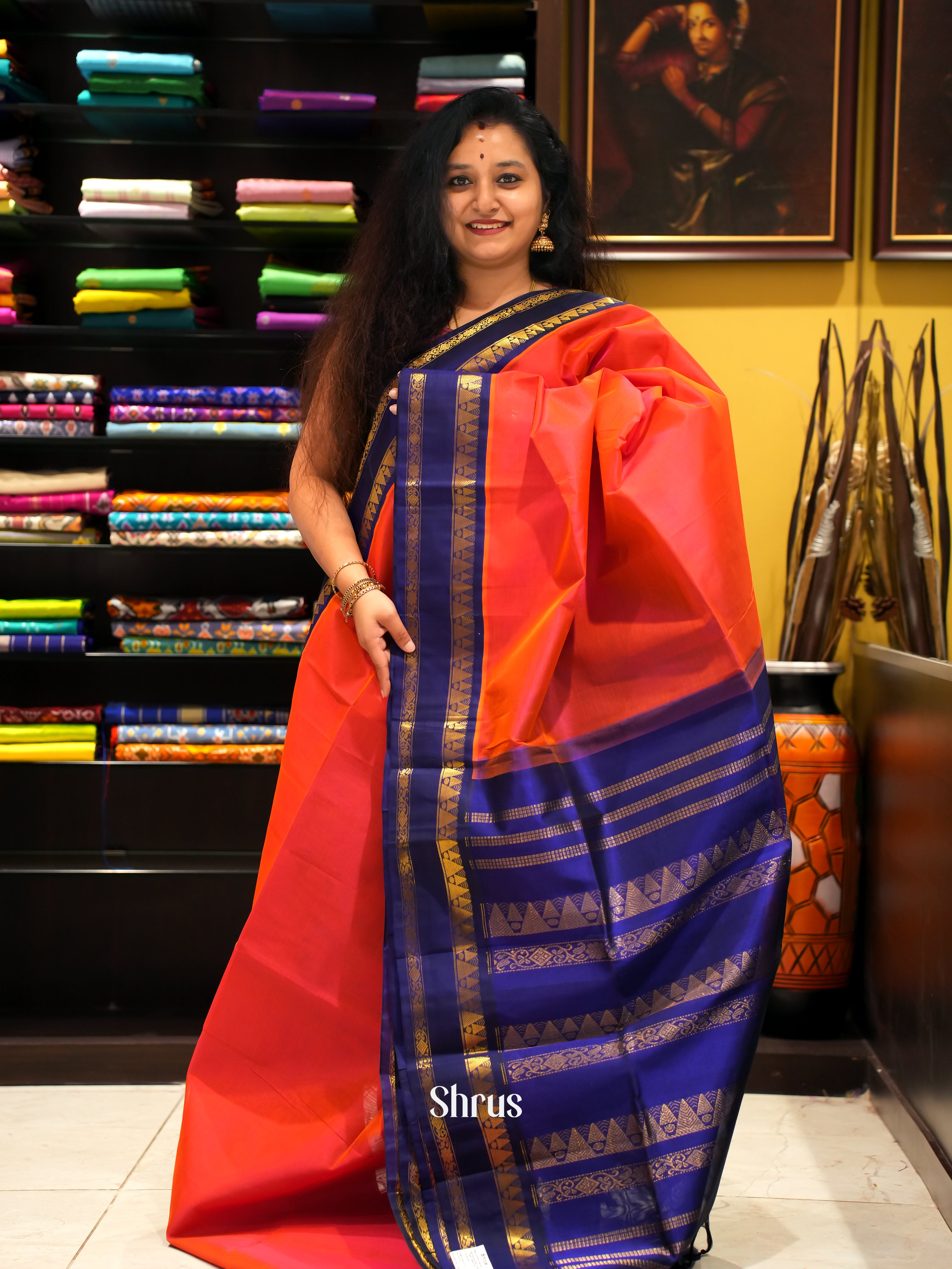 Peachish pink and Navy blue - Silk Cotton Saree