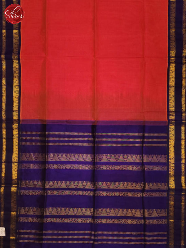 Peachish pink and Navy blue - Silk Cotton Saree - Shop on ShrusEternity.com