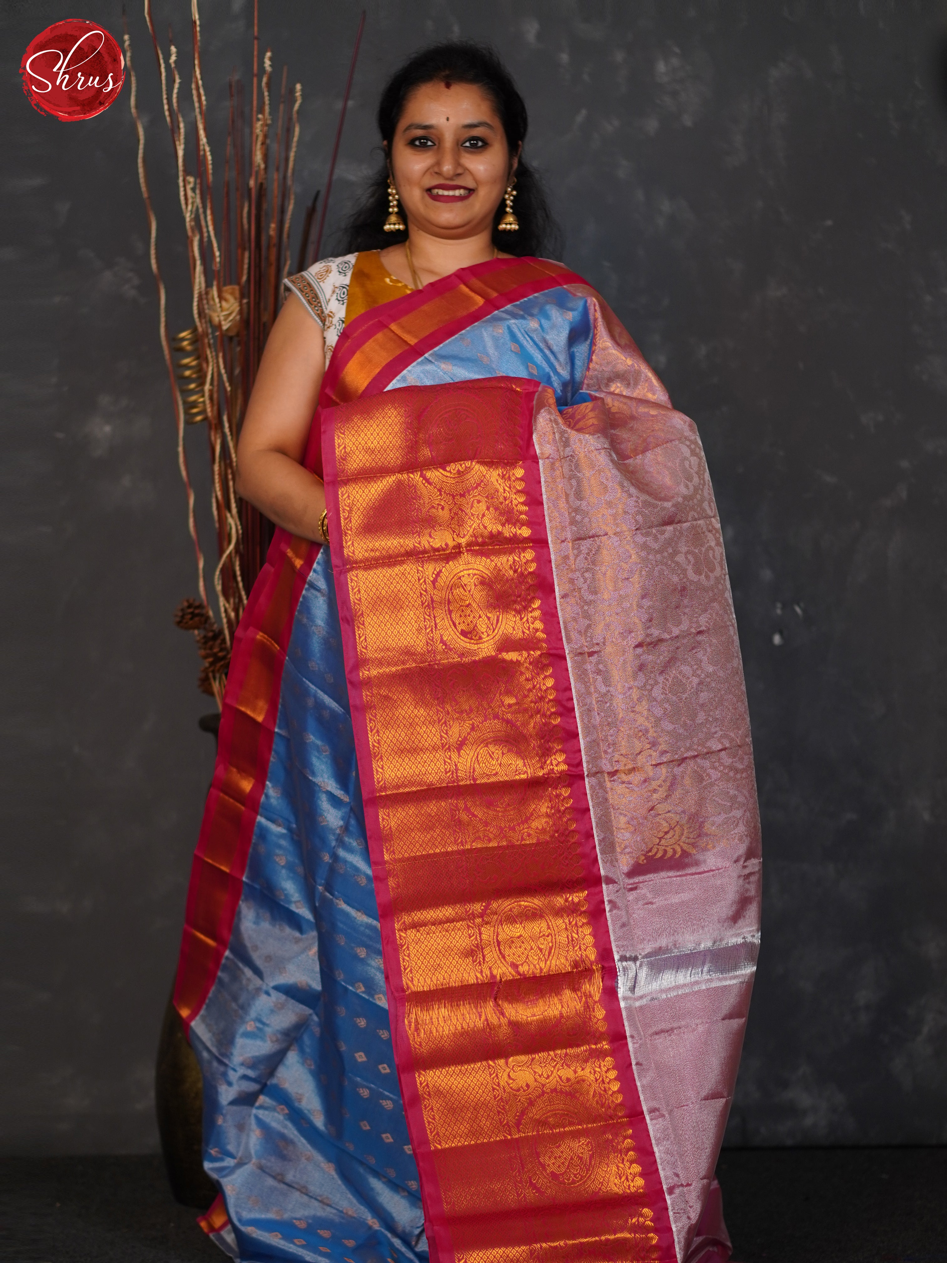 Blue & Red - Semi Tissue Saree - Shop on ShrusEternity.com