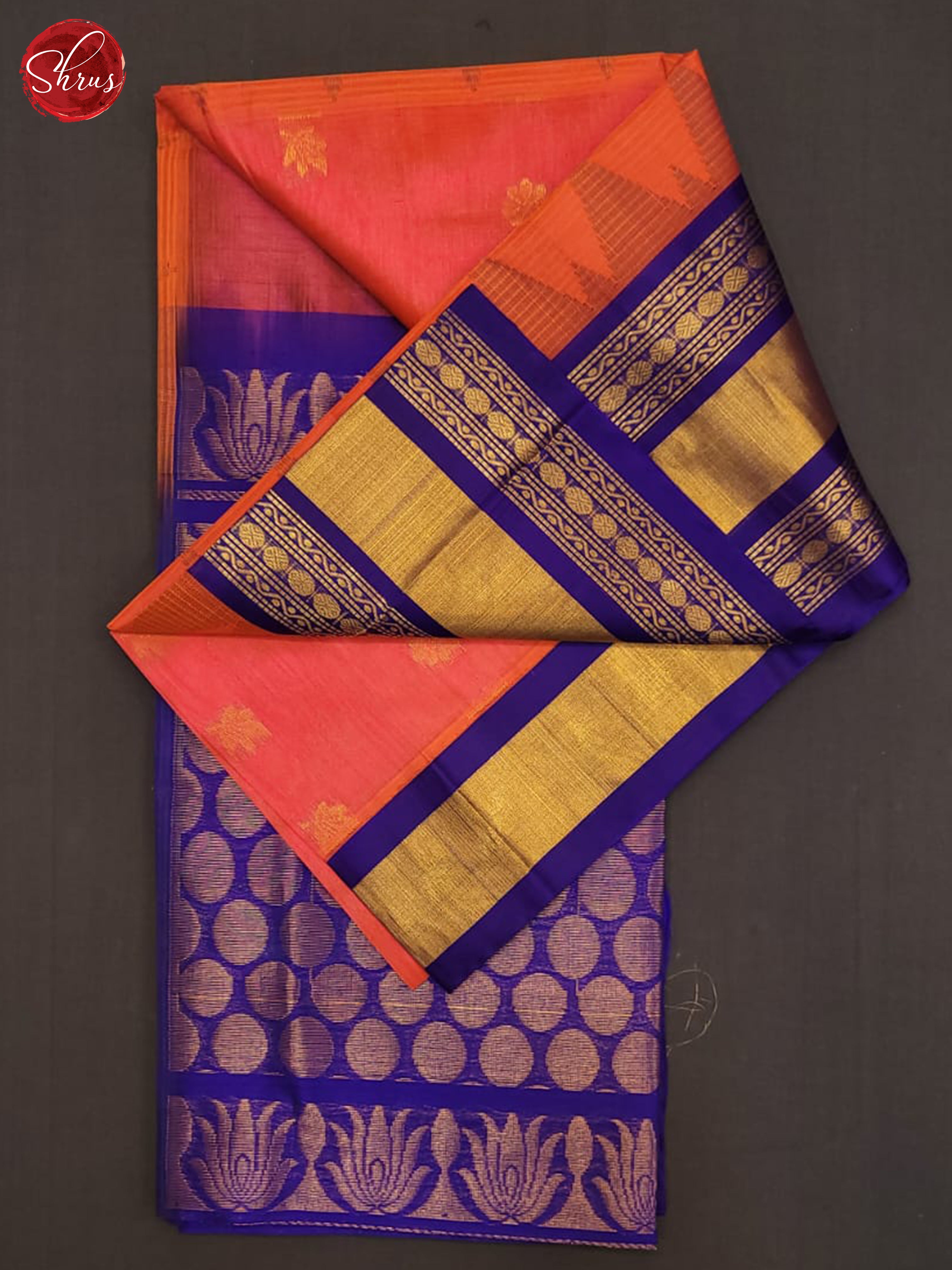 Peachish Pink & Blue - Silk Cotton Saree - Shop on ShrusEternity.com