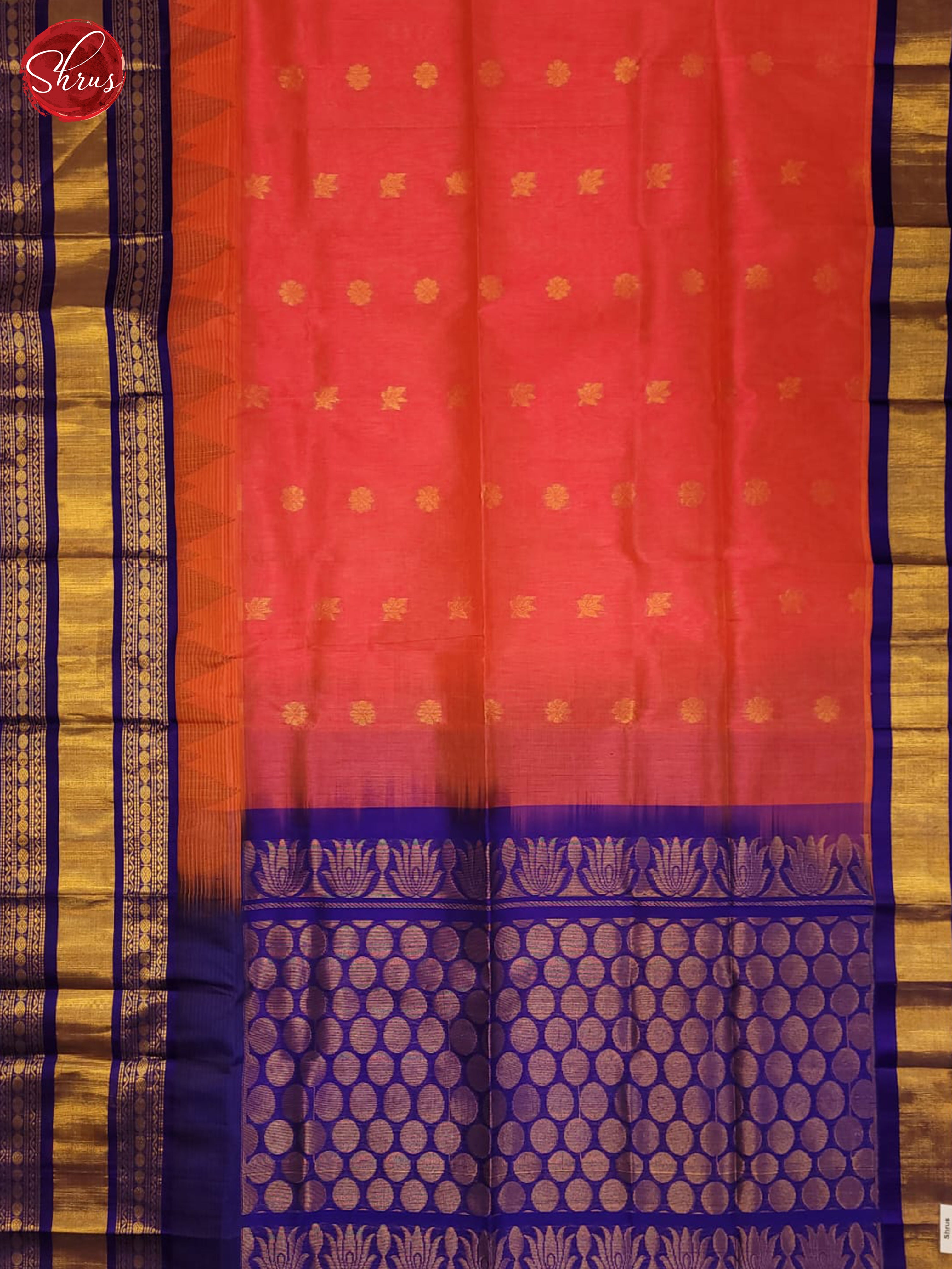 Peachish Pink & Blue - Silk Cotton Saree - Shop on ShrusEternity.com