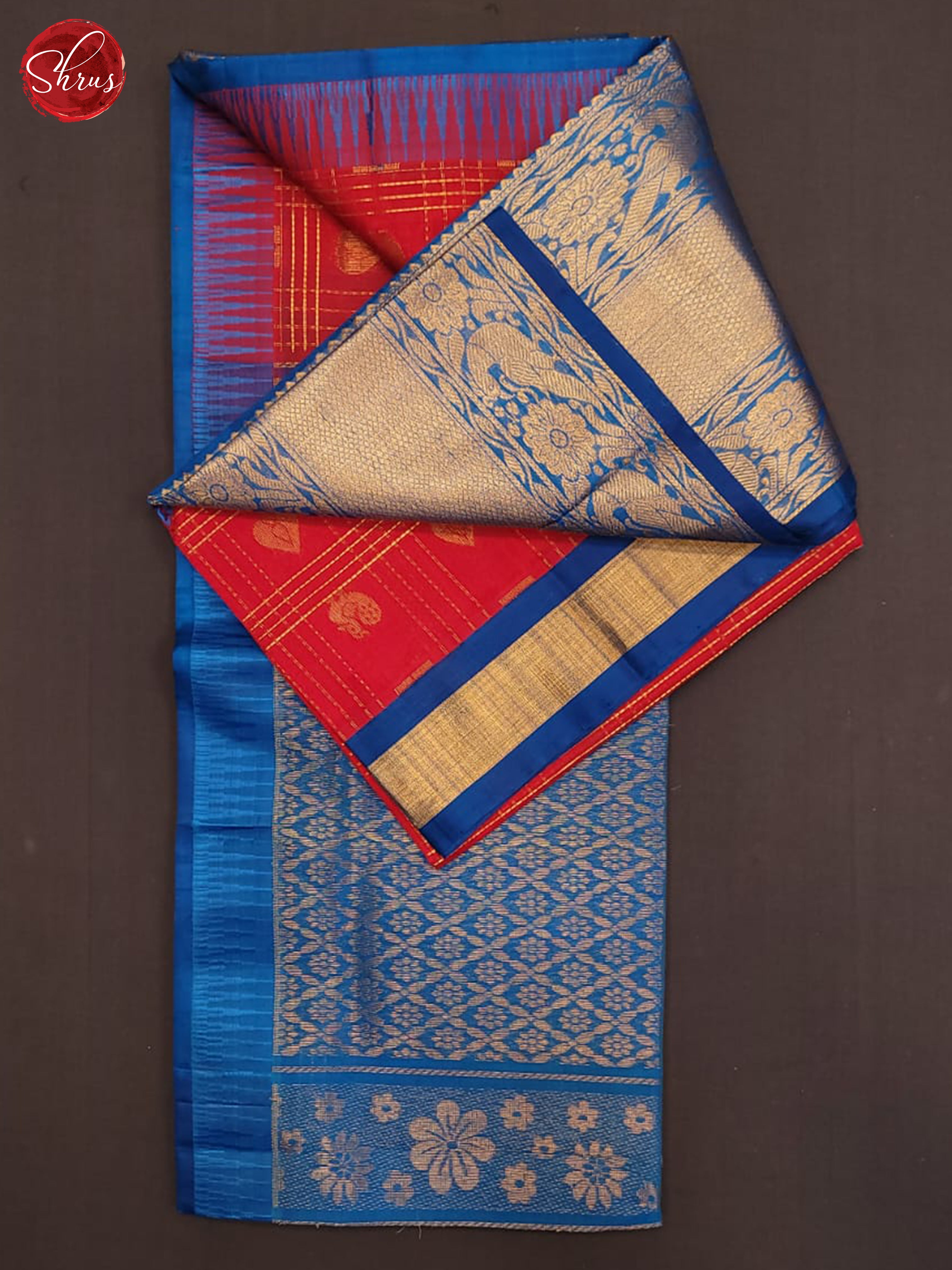 Red & Blue- Silk Cotton Saree - Shop on ShrusEternity.com