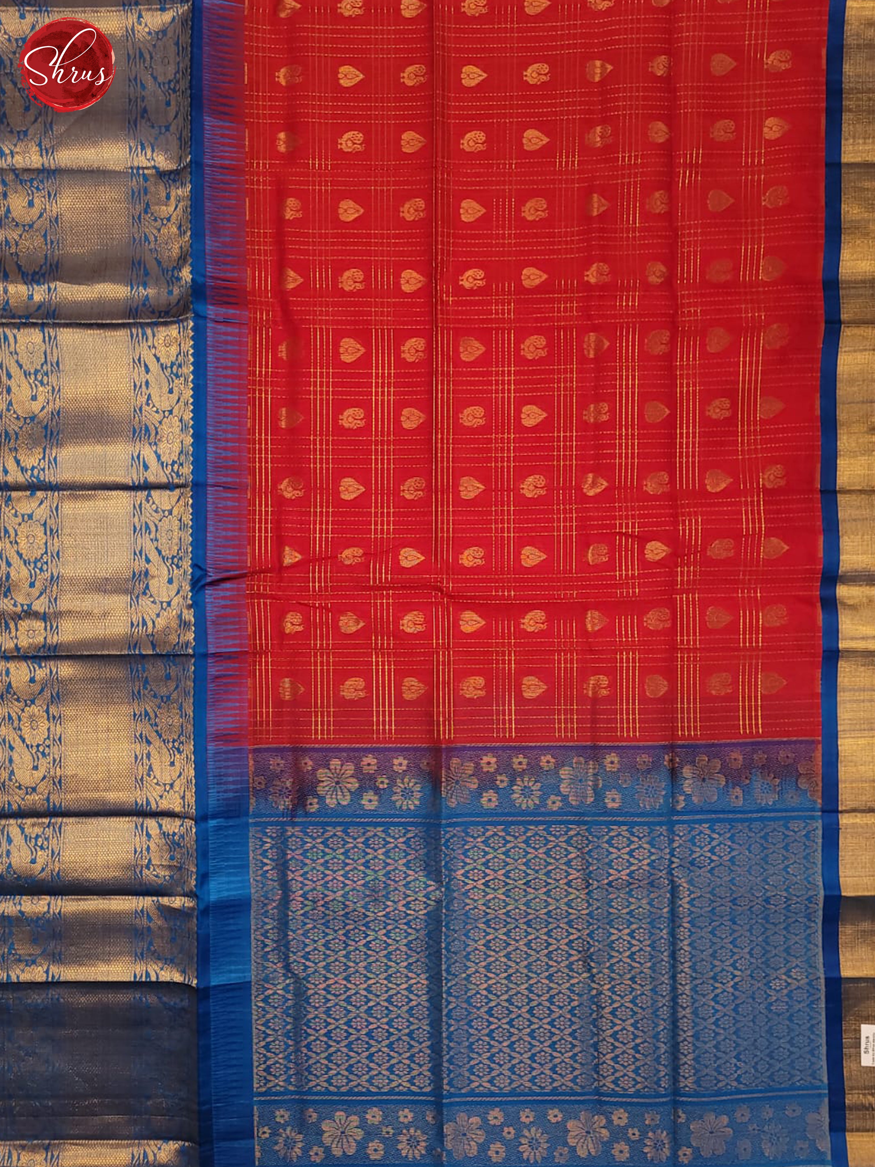 Red & Blue- Silk Cotton Saree - Shop on ShrusEternity.com