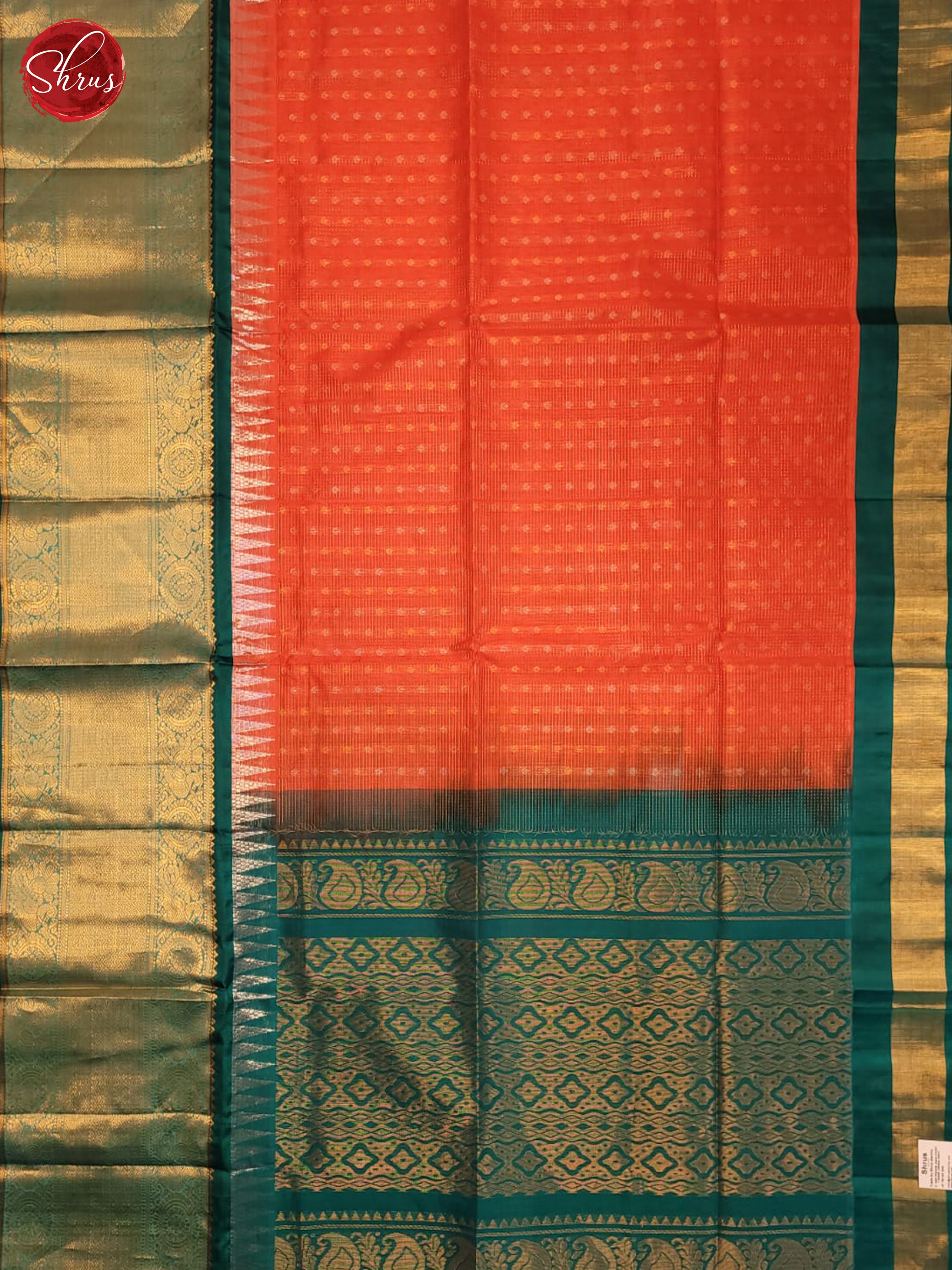 Peachish Pink & Green- Silk Cotton Saree - Shop on ShrusEternity.com