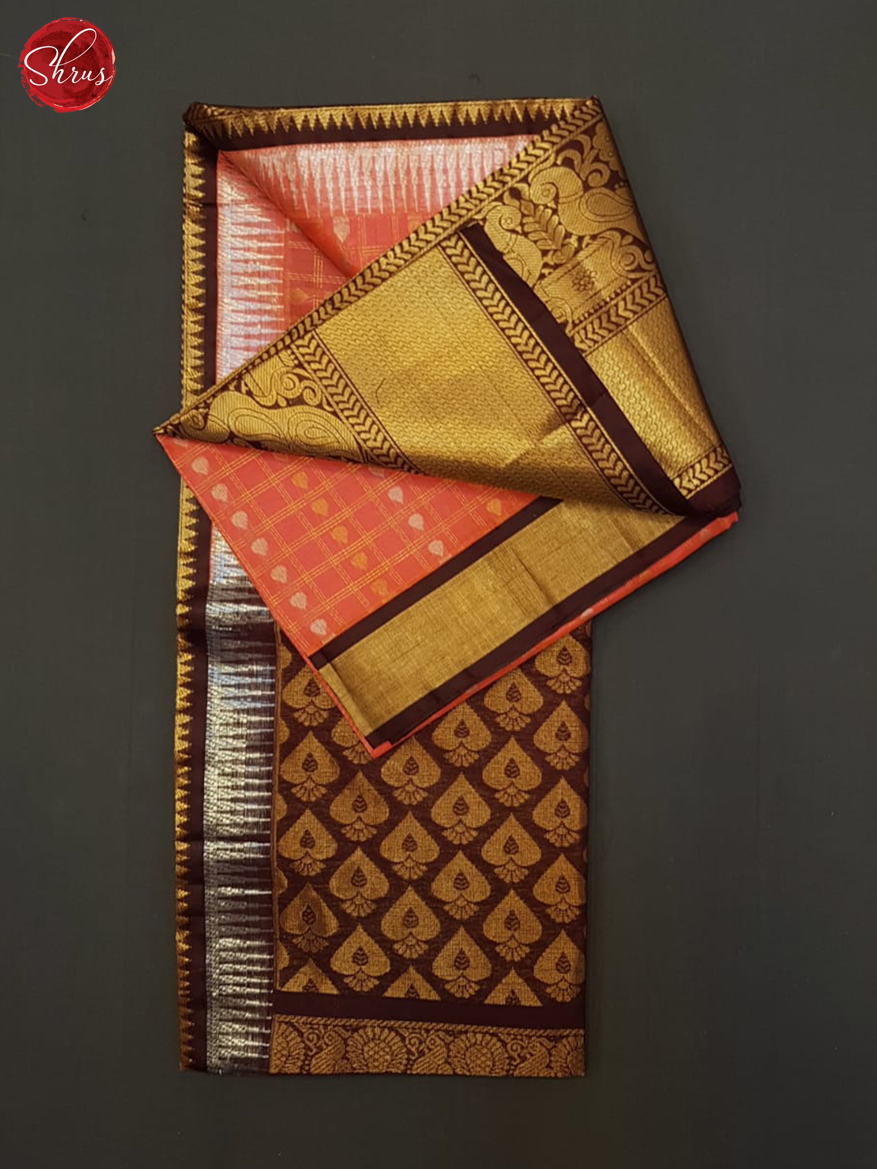 Orangish PInk & Brown- Silk Cotton Saree - Shop on ShrusEternity.com