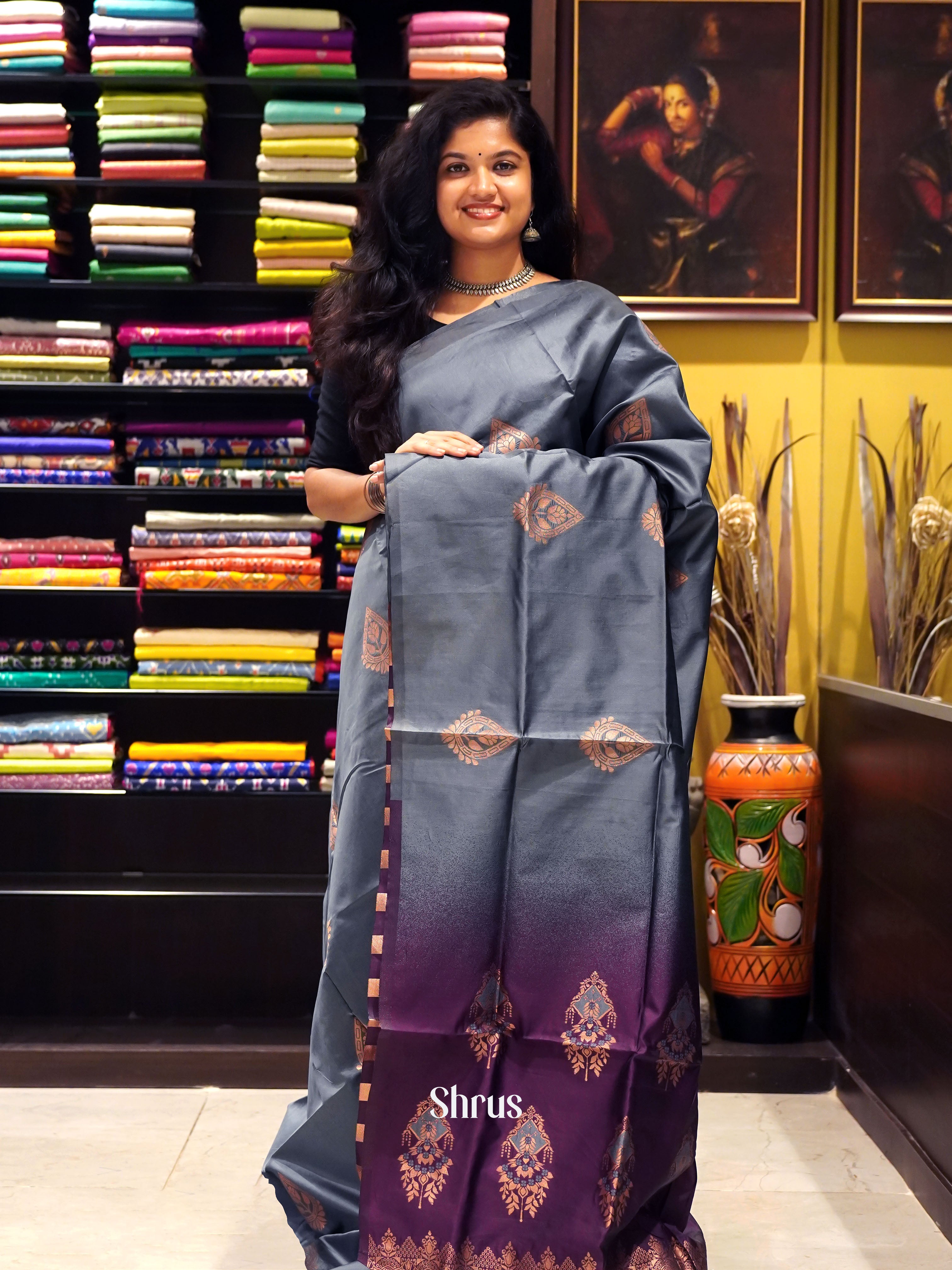 Grey & Wine - Semi Softsilk Saree