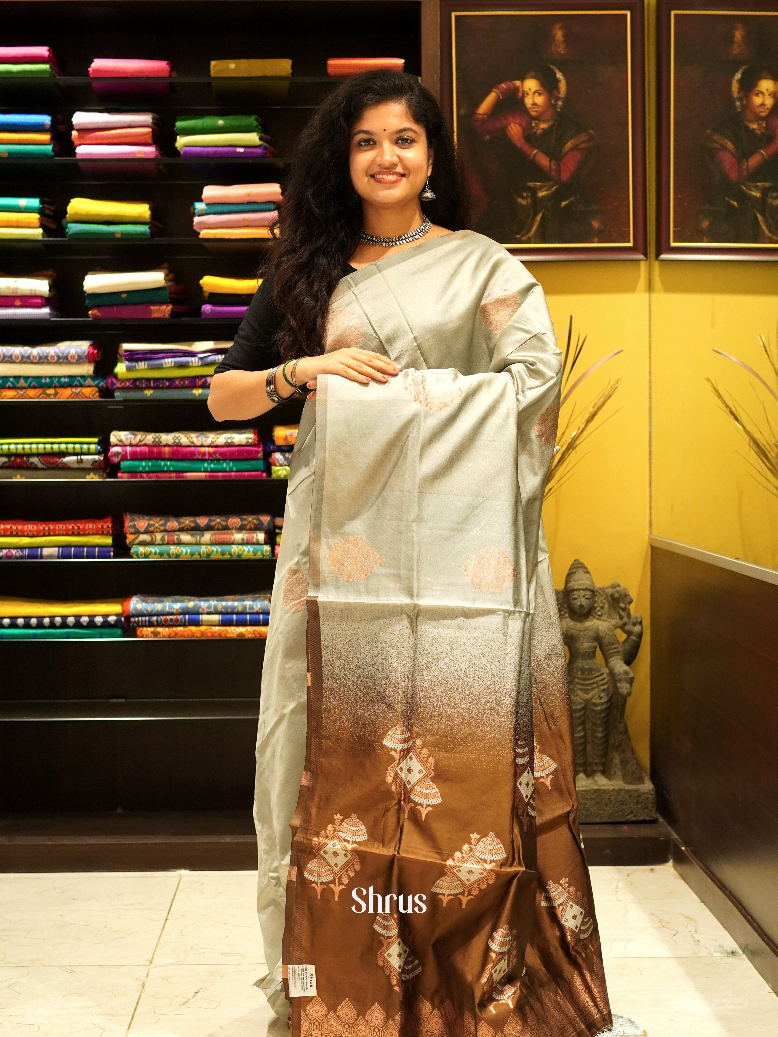 Grey & Brown- Semi Softsilk  Saree