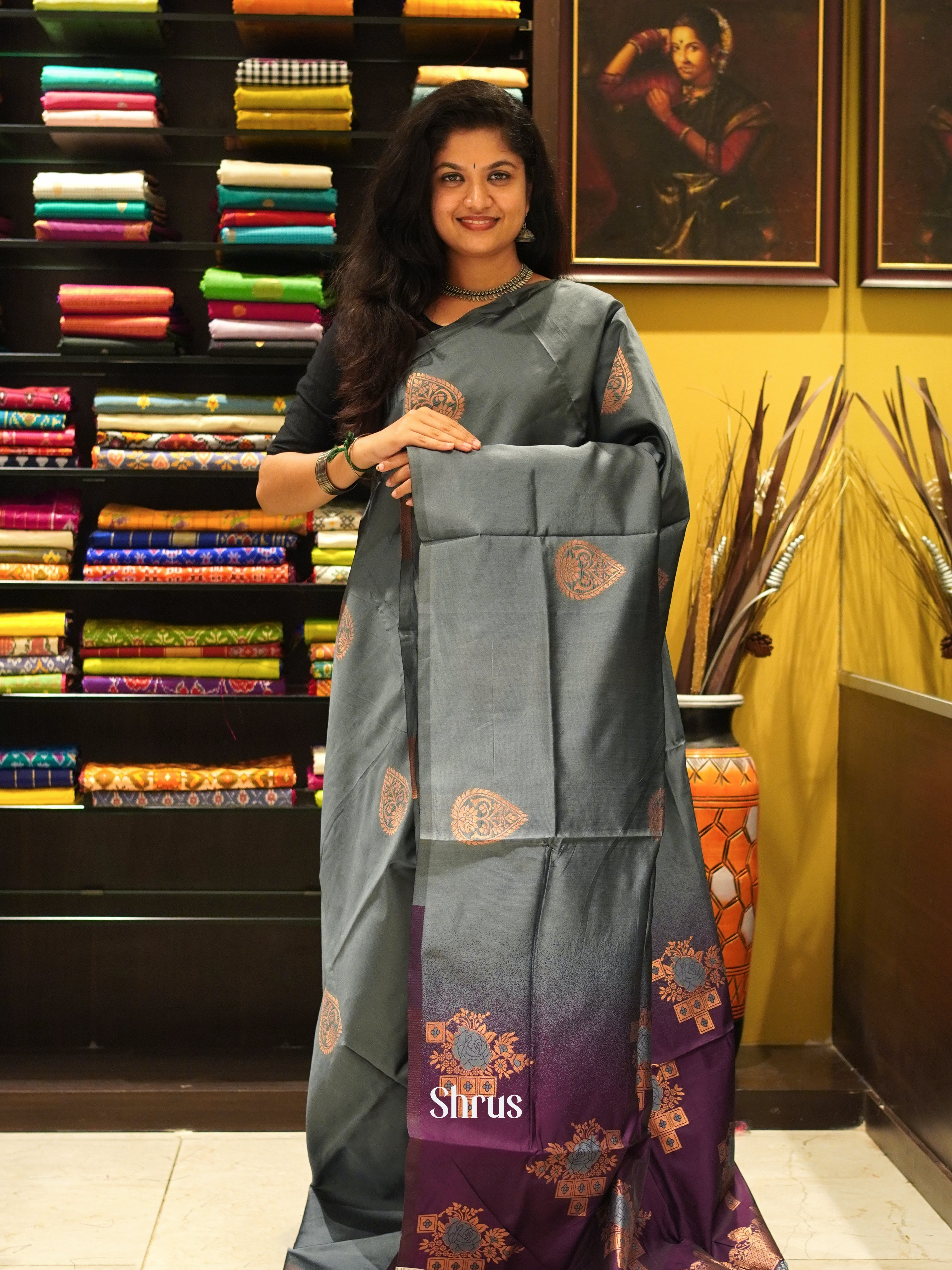 Grey & Wine - Semi Softsilk Saree