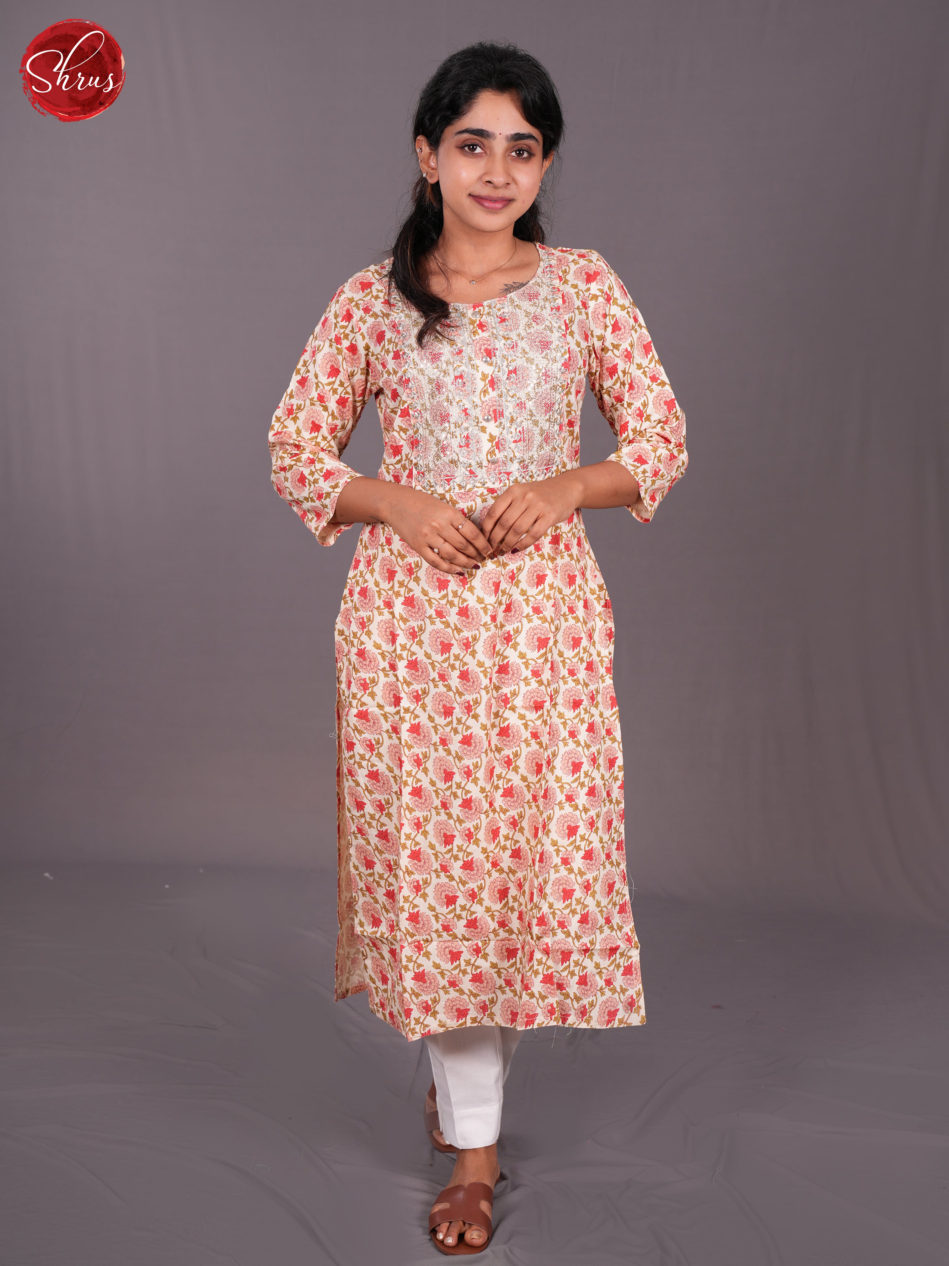 Cream & Pink  -Floral printed Readymade Kurti with neck yoke thread work - Shop on ShrusEternity.com